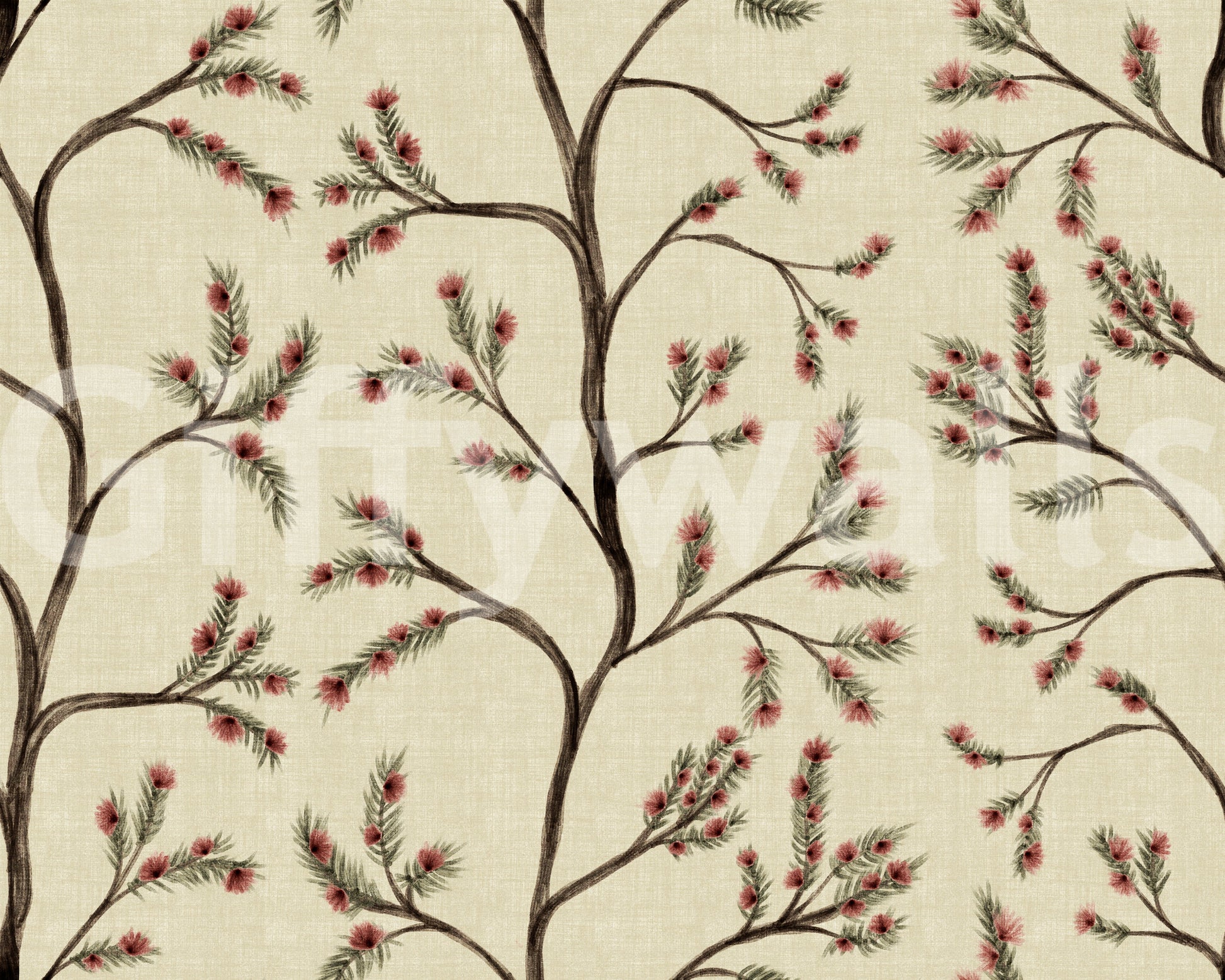 Asian Floral Branches on Antique Linen Wallpaper⁠