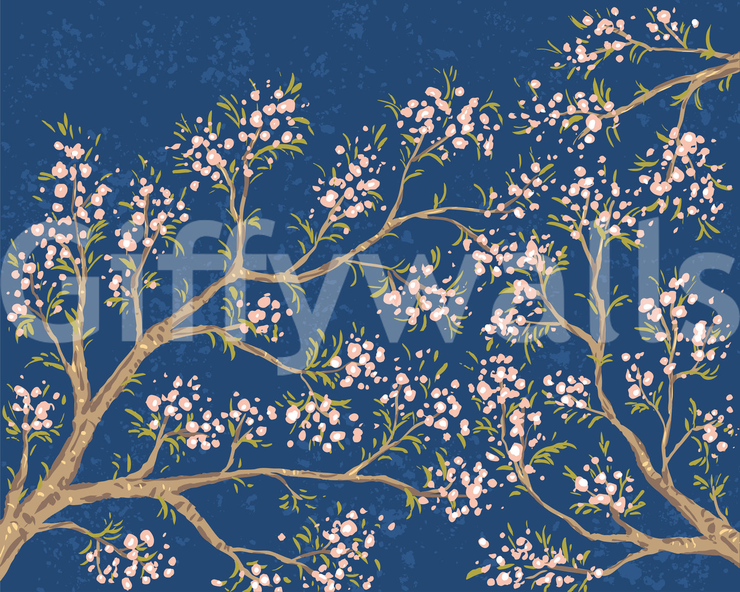 Pink Blossoms - Blue Background Wall Mural