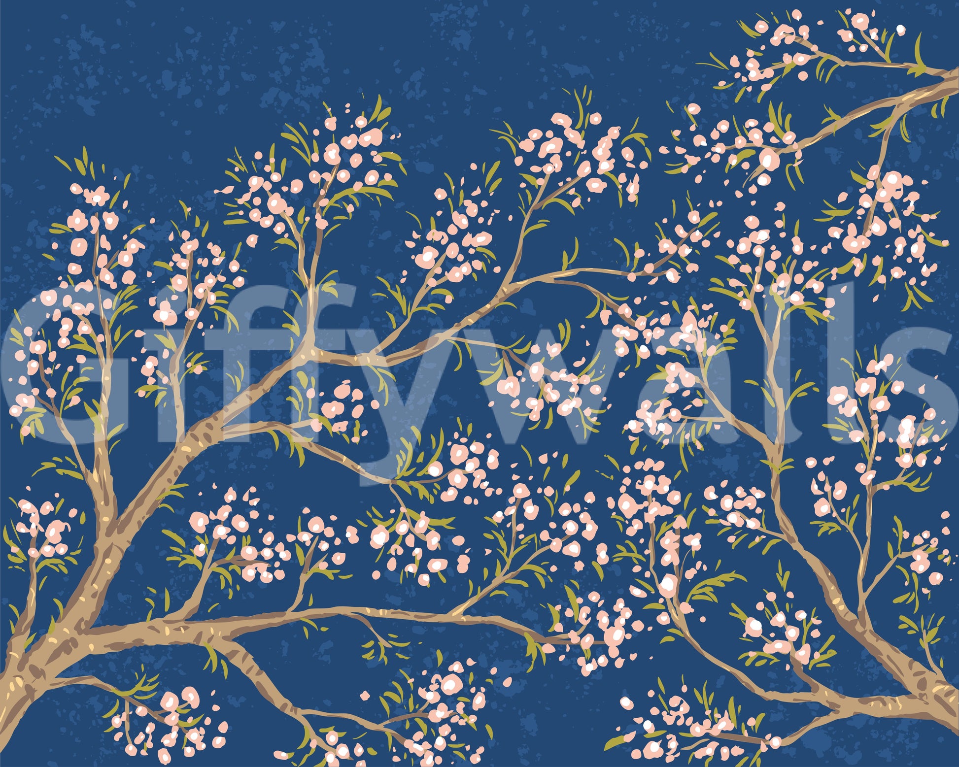 Pink Blossoms - Blue Background Wall Mural