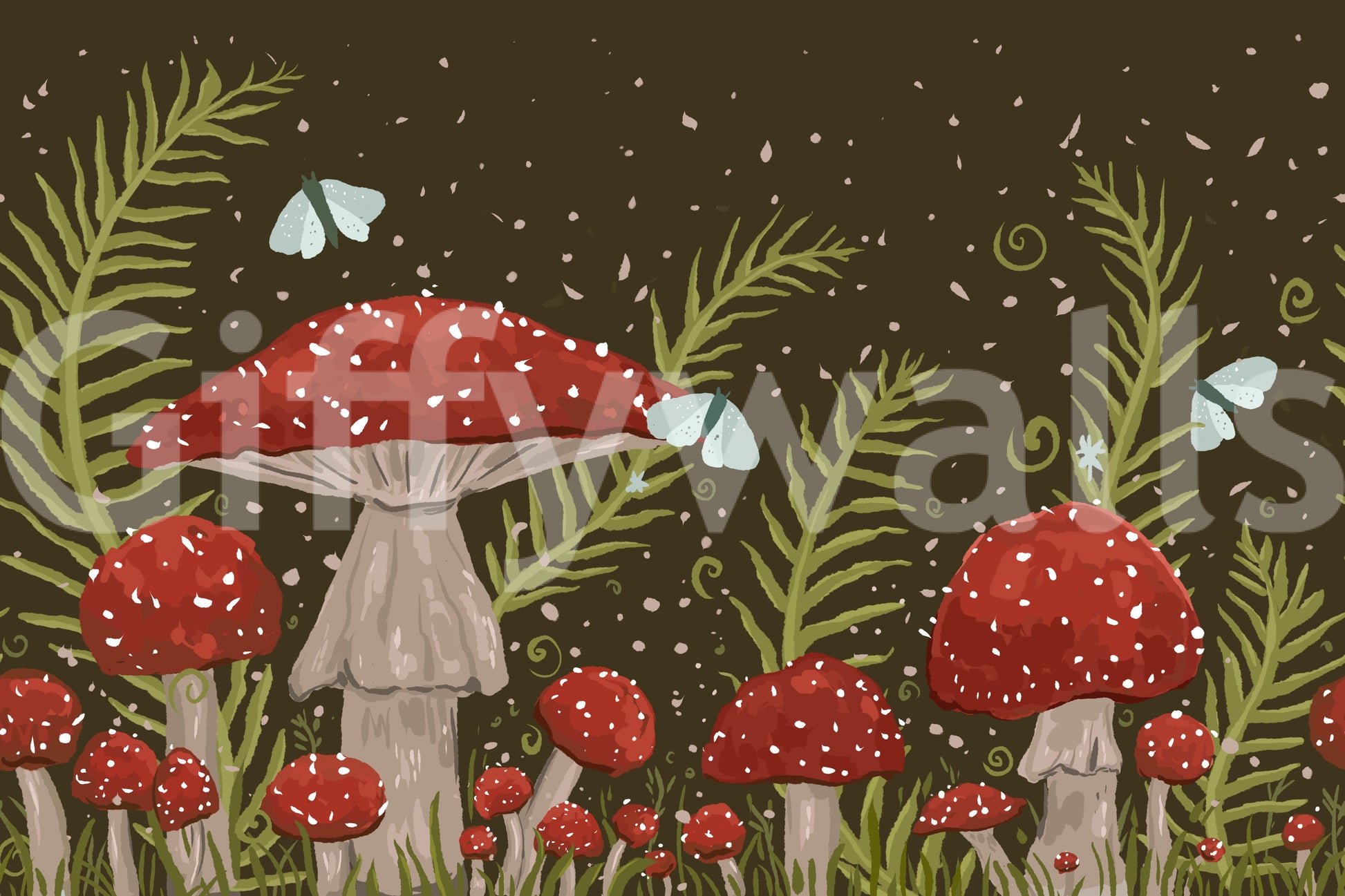 Whispers of Amanita - Red Mushrooms, Ferns, and Moths Wall Mural