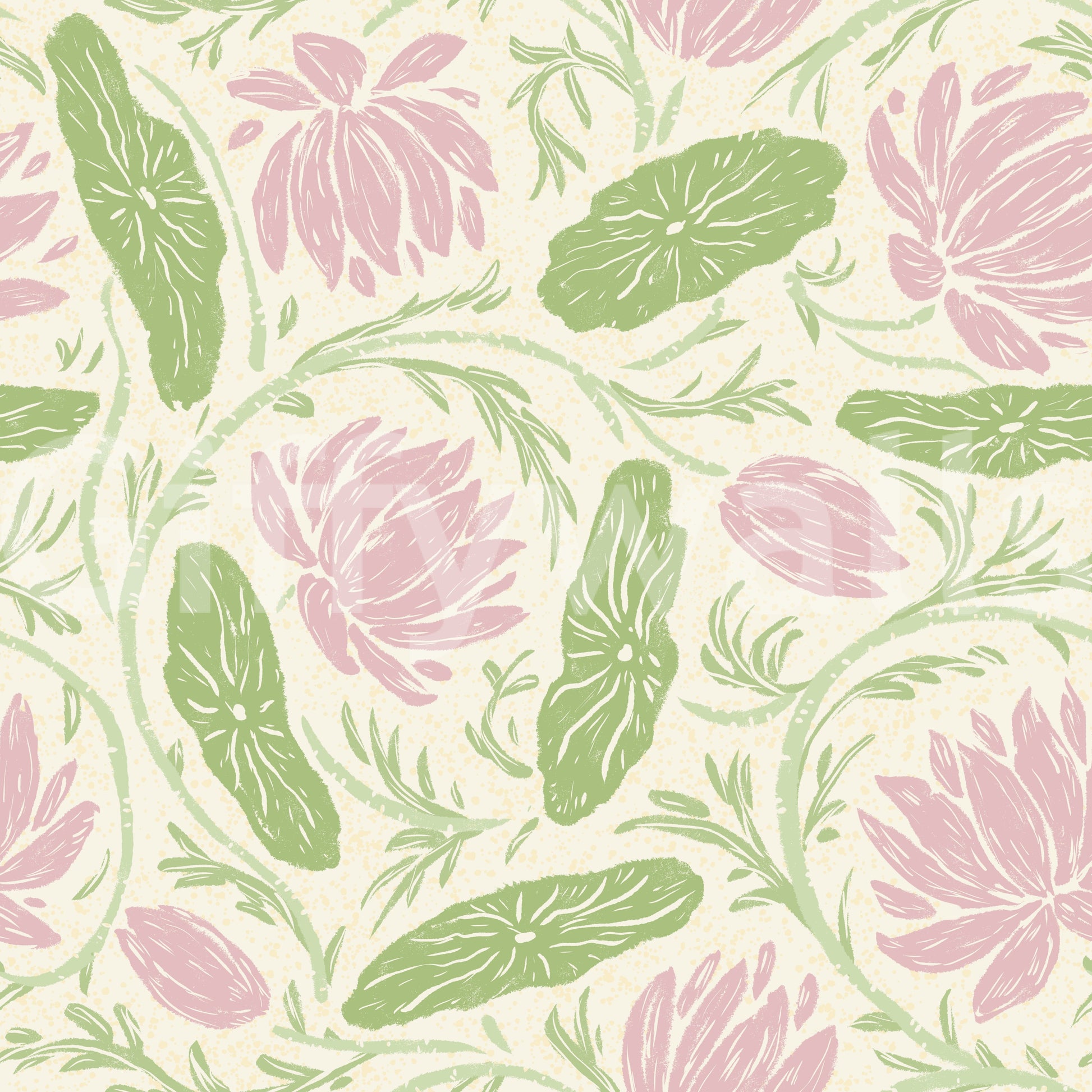Lotus - Botanical Trailing Water Lily Floral Block Print-  Pink and Green Wallpaper⁠