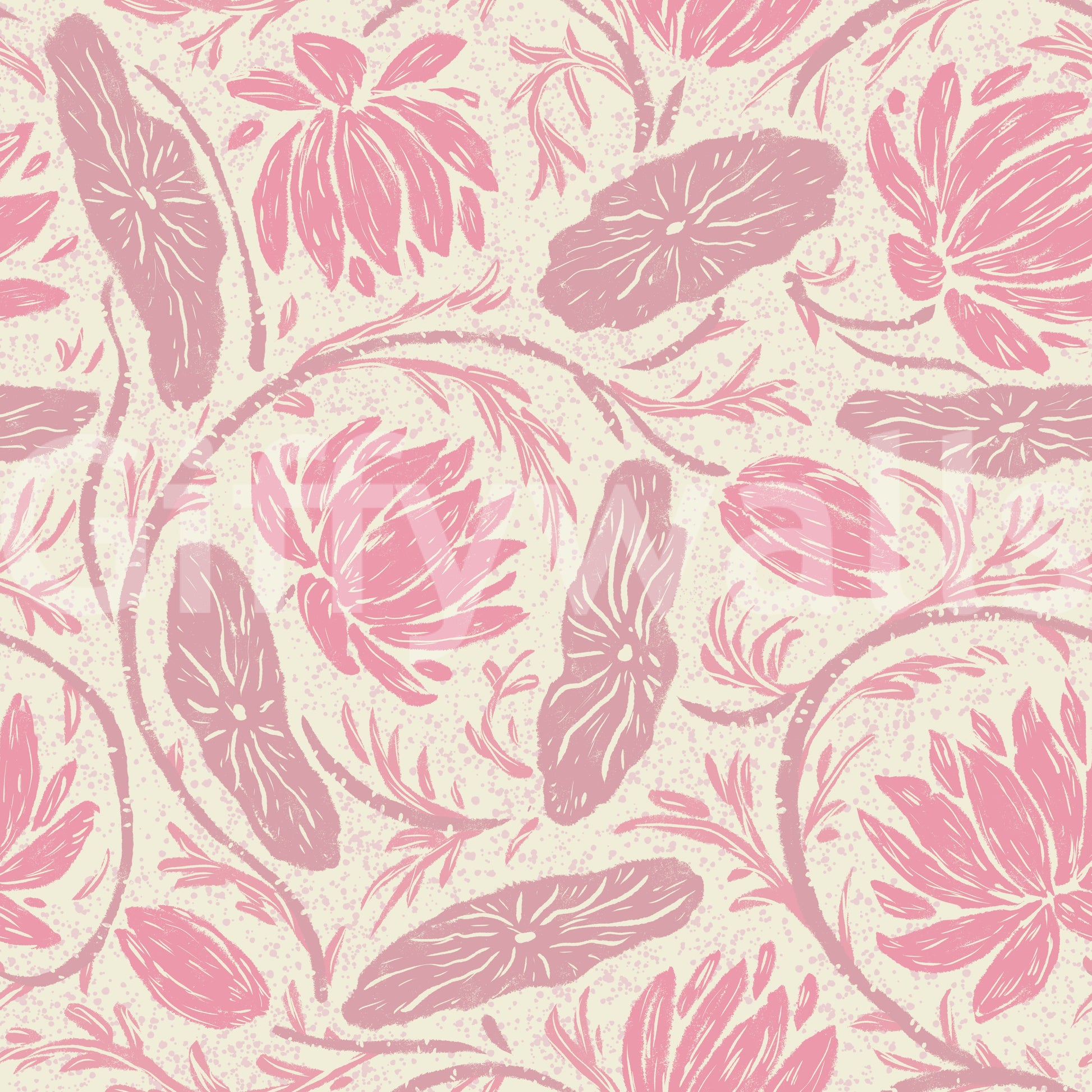 Lotus - Botanical Trailing Water Lily Floral Block Print-  Monochromatic Pink Wallpaper⁠