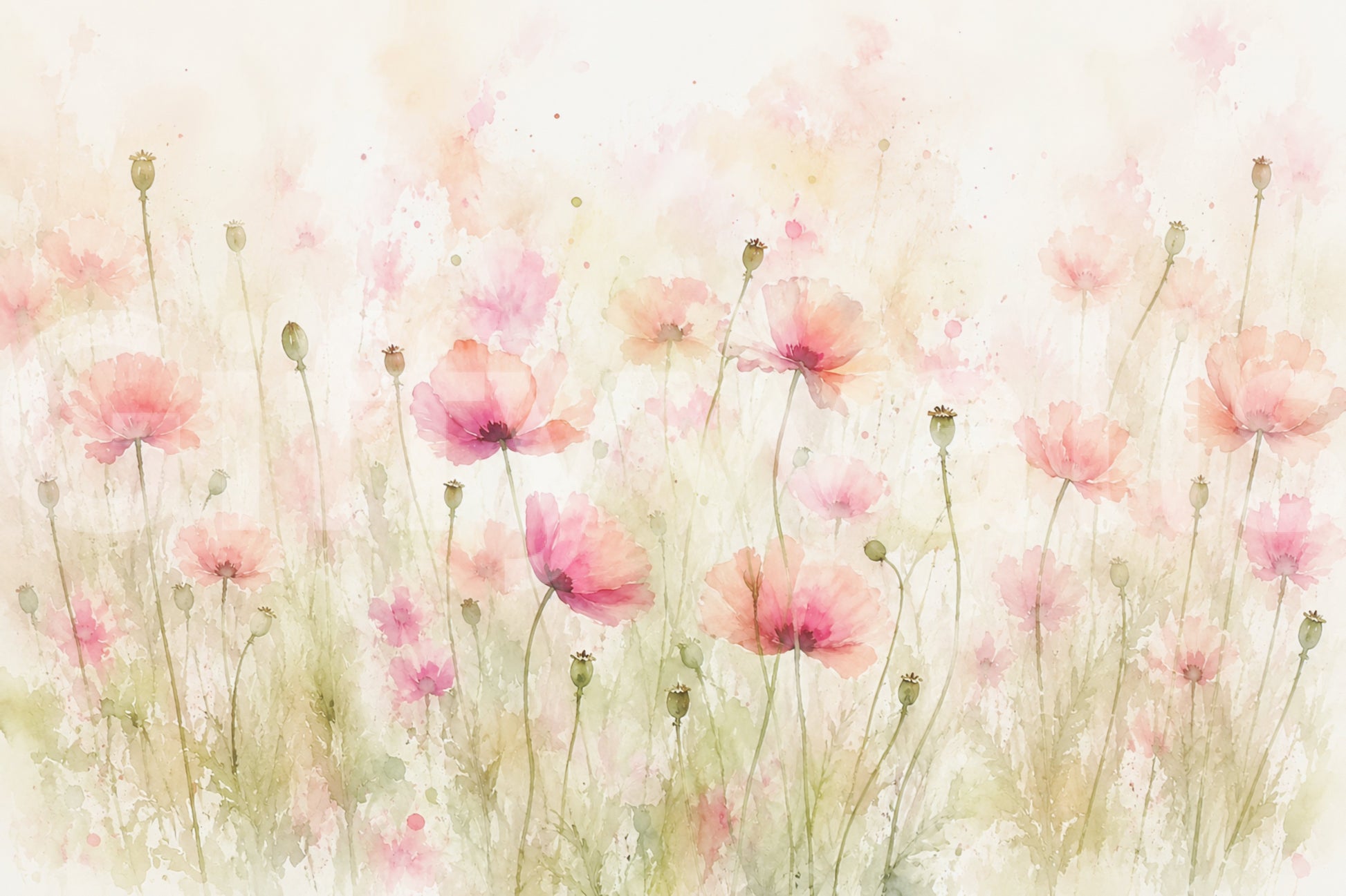 Blush Pink Meadow Wildflowers Wall Mural
