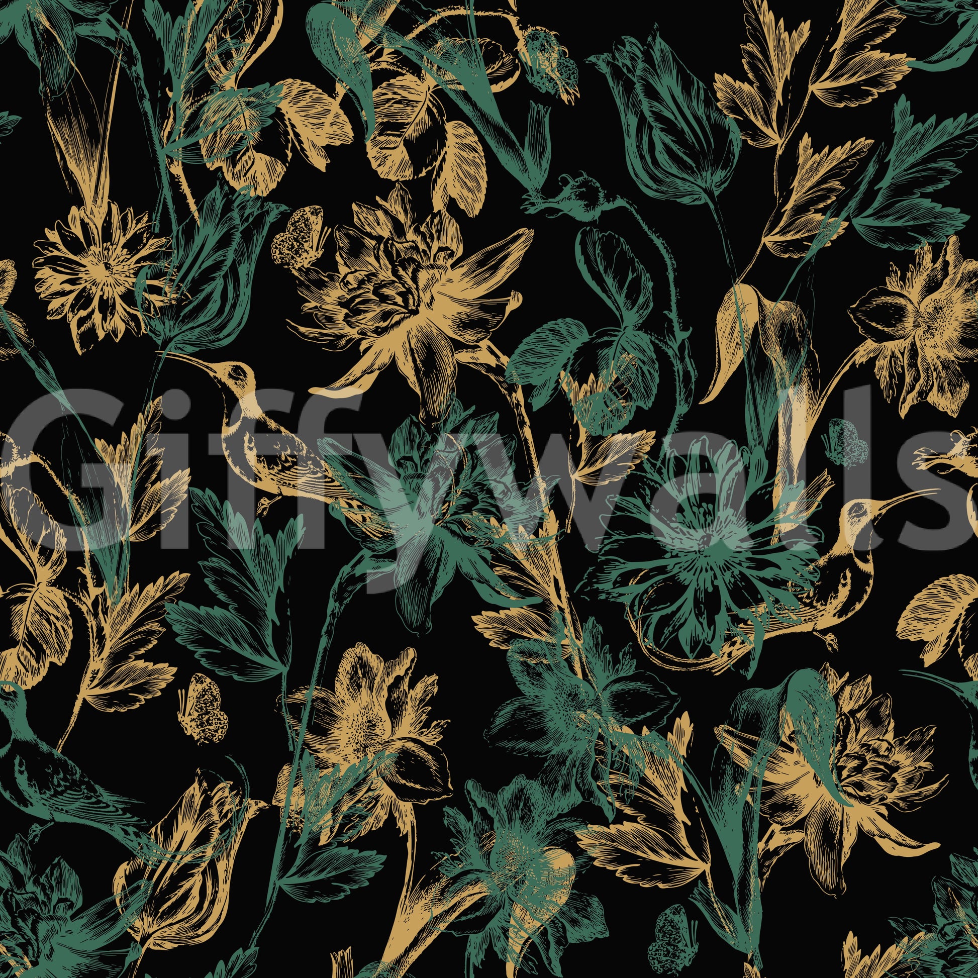 Golden Foliage and Hummingbird Art Wallpaper⁠