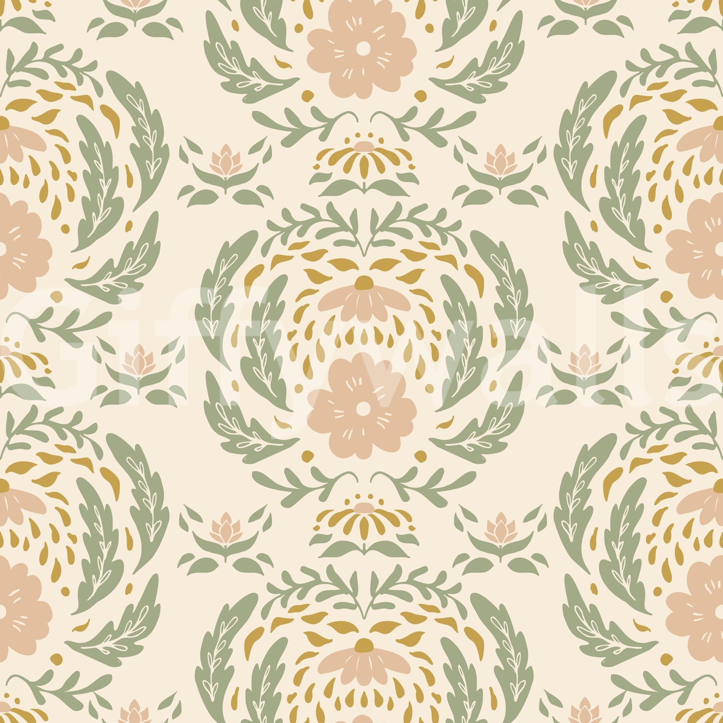 Sage and Blush Damask Botanical Wallpaper⁠