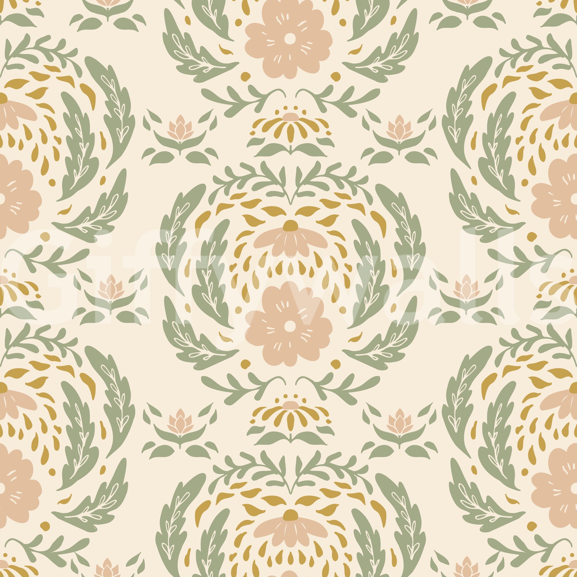 Sage and Blush Damask Botanical Wallpaper⁠