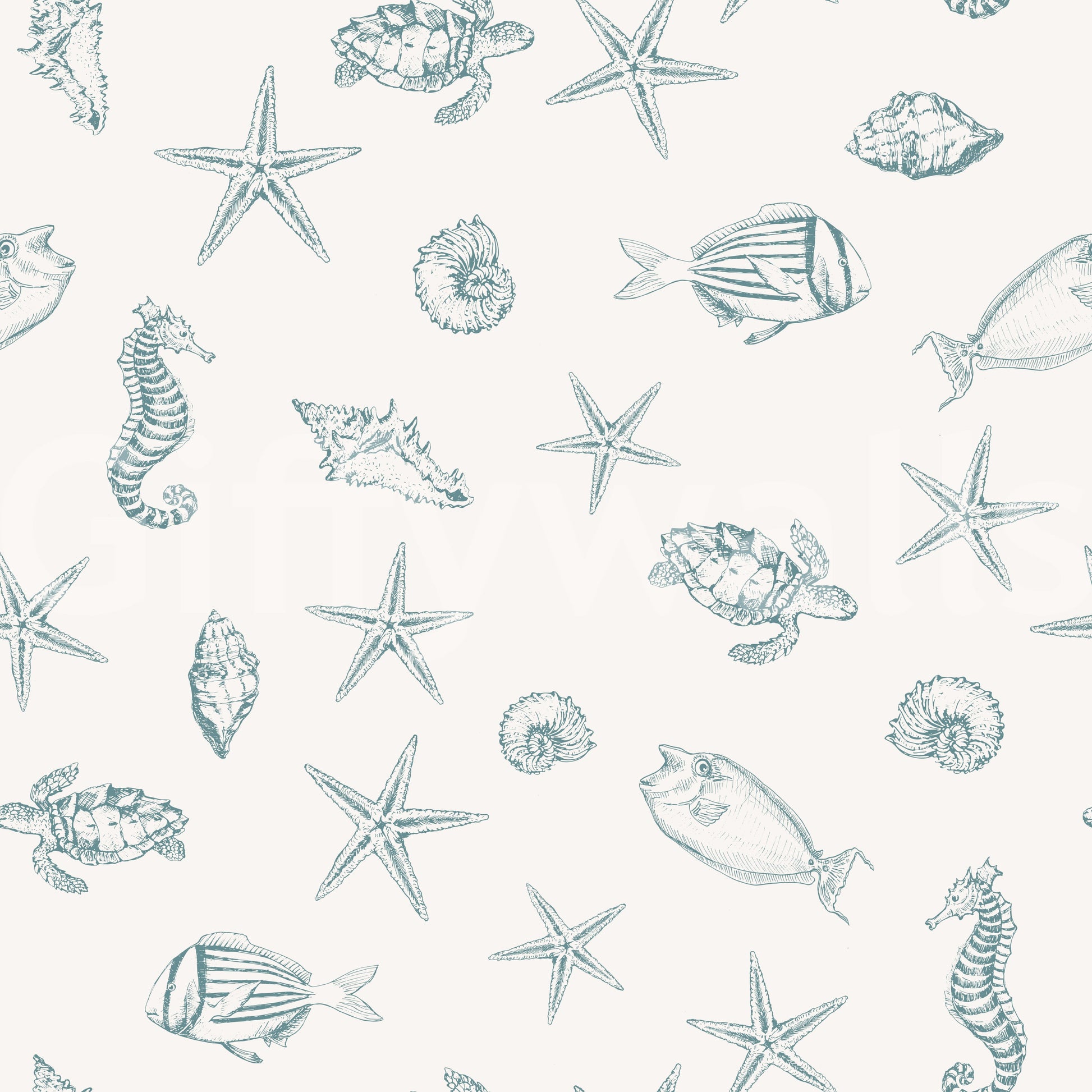 Oceanic Sketch Marine Life Pattern Wallpaper⁠
