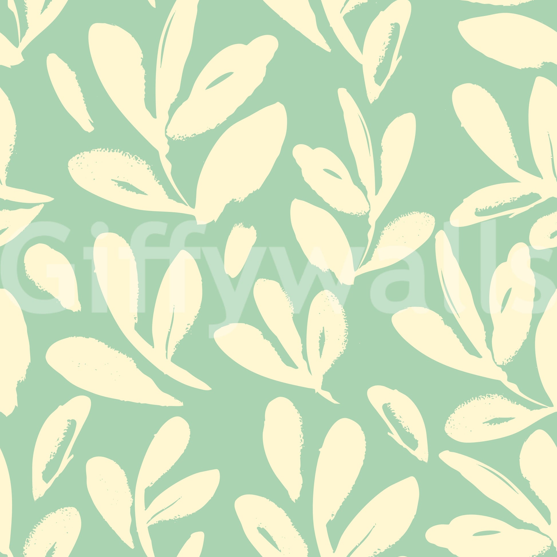 Sage and Cream Hand-Painted Leaf Wallpaper⁠