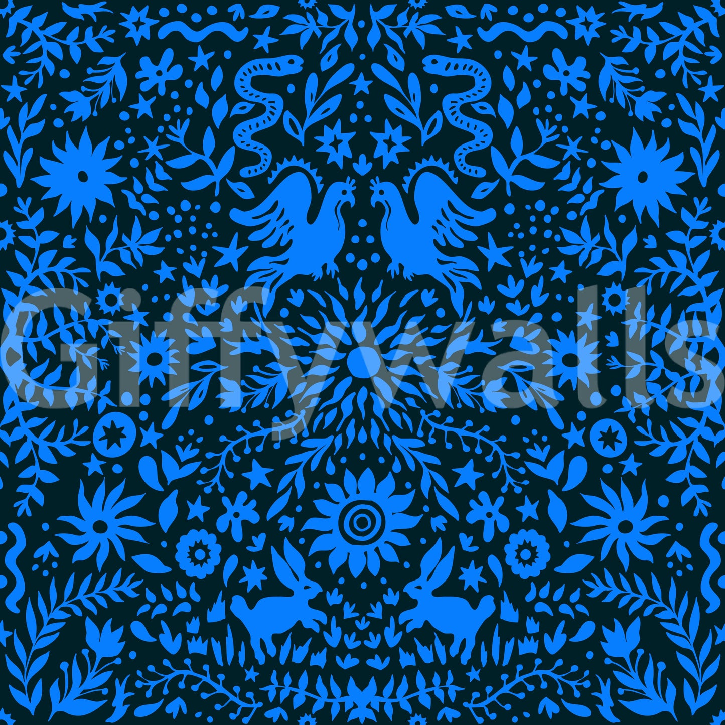 Mexican Folklore Blue Bird and Rabbit Motif Wallpaper⁠