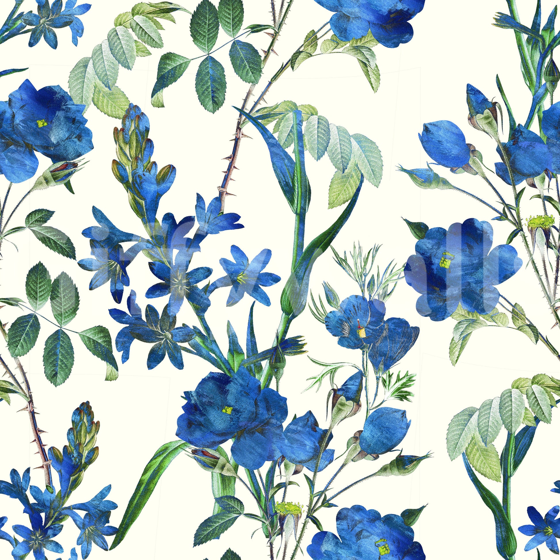 Vintage Indigo Wildflower Garden Pattern Wallpaper⁠