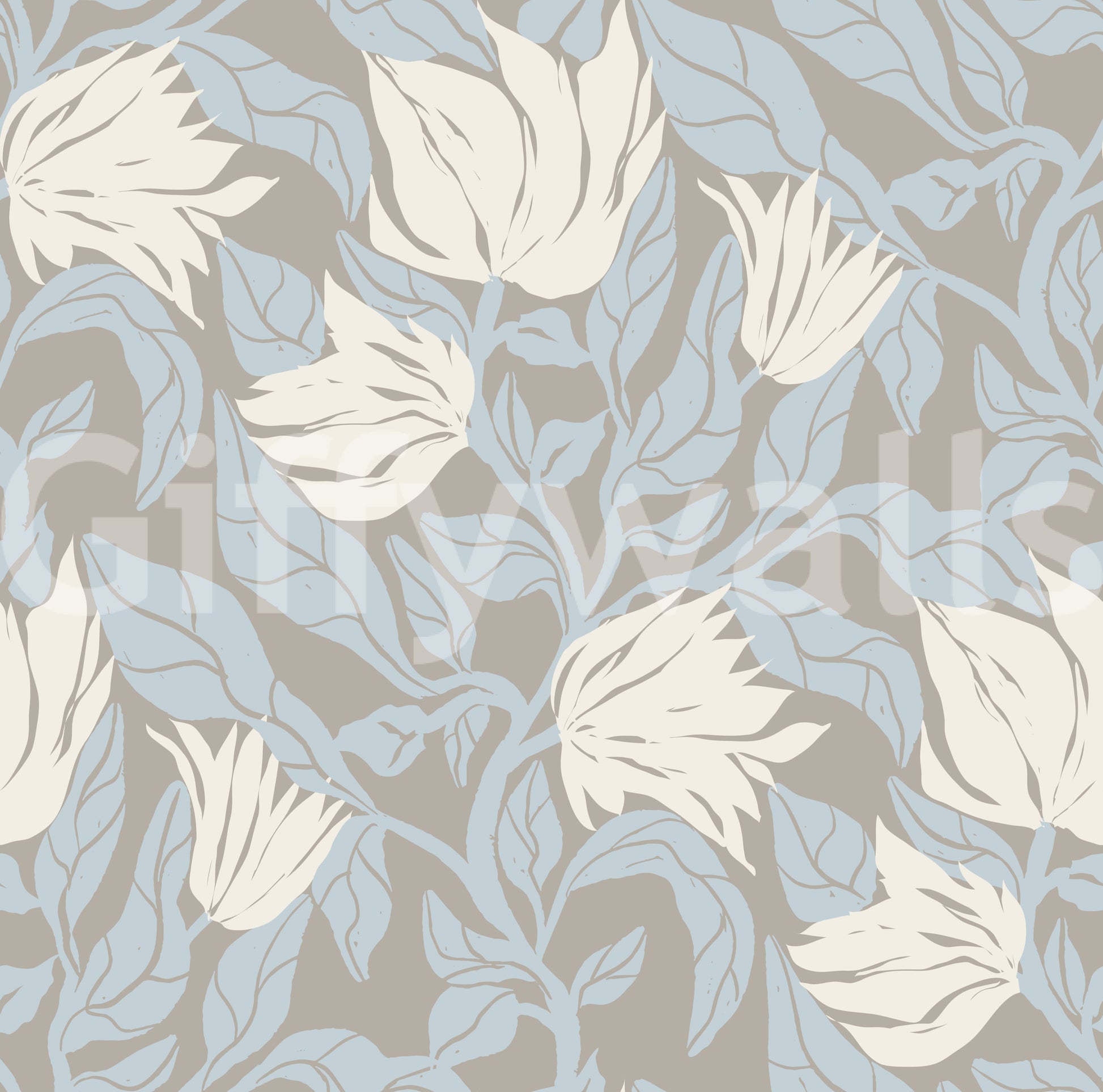 Serene Cream and Blue Floral Sketch Wallpaper⁠