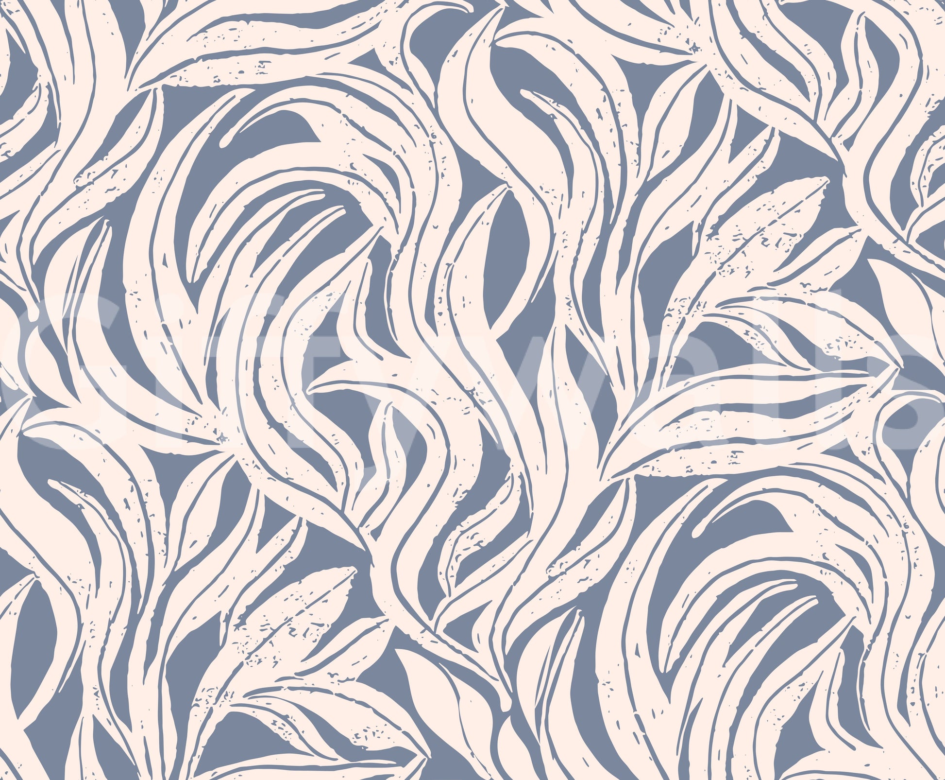 Cream and Blue Flowing Leaf Pattern Wallpaper⁠