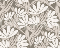 Rustic Cream and Taupe Flower Block Print Wallpaper⁠