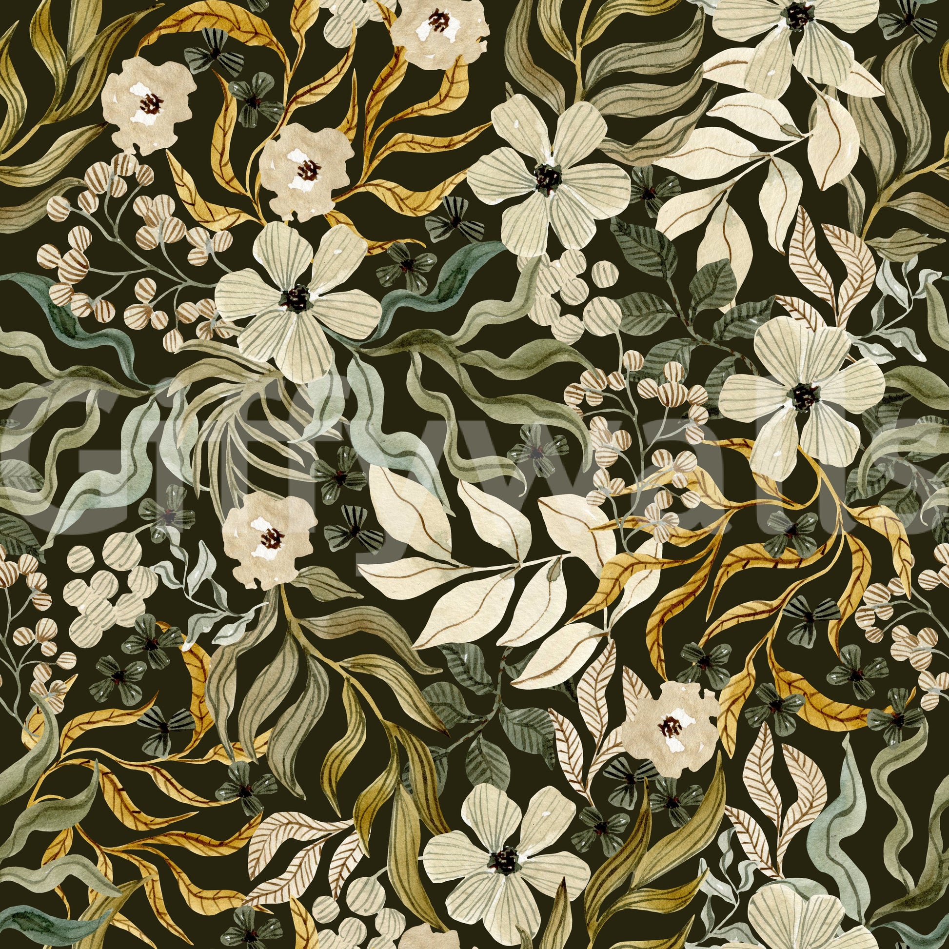 Rustic Cream and Sage Leaf Illustration Wallpaper⁠