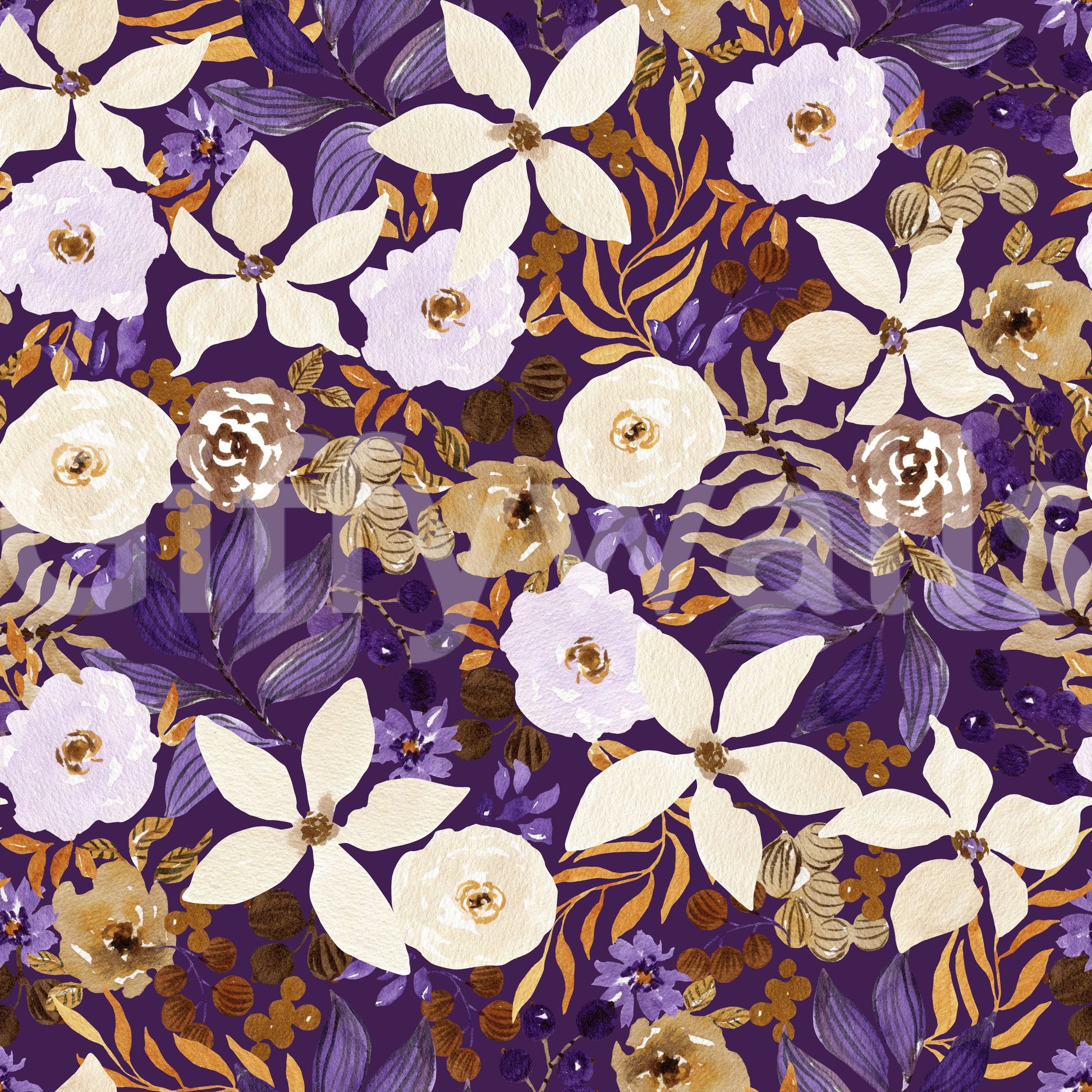 Rustic Cream and Purple Floral Repeat Wallpaper⁠