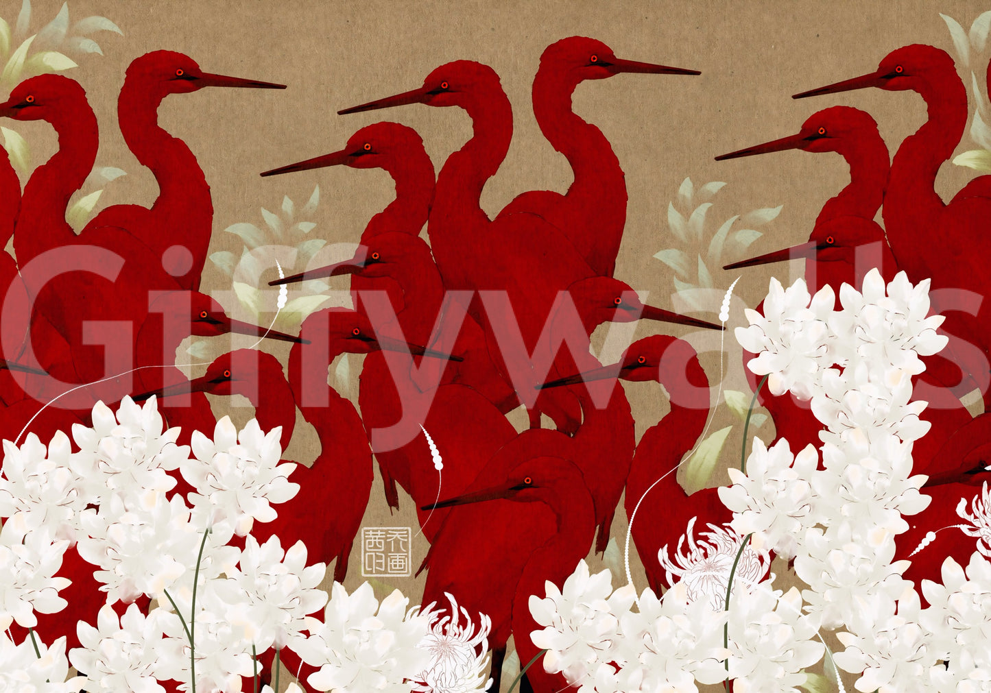 Crimson Herons and White Blossoms Wall Mural