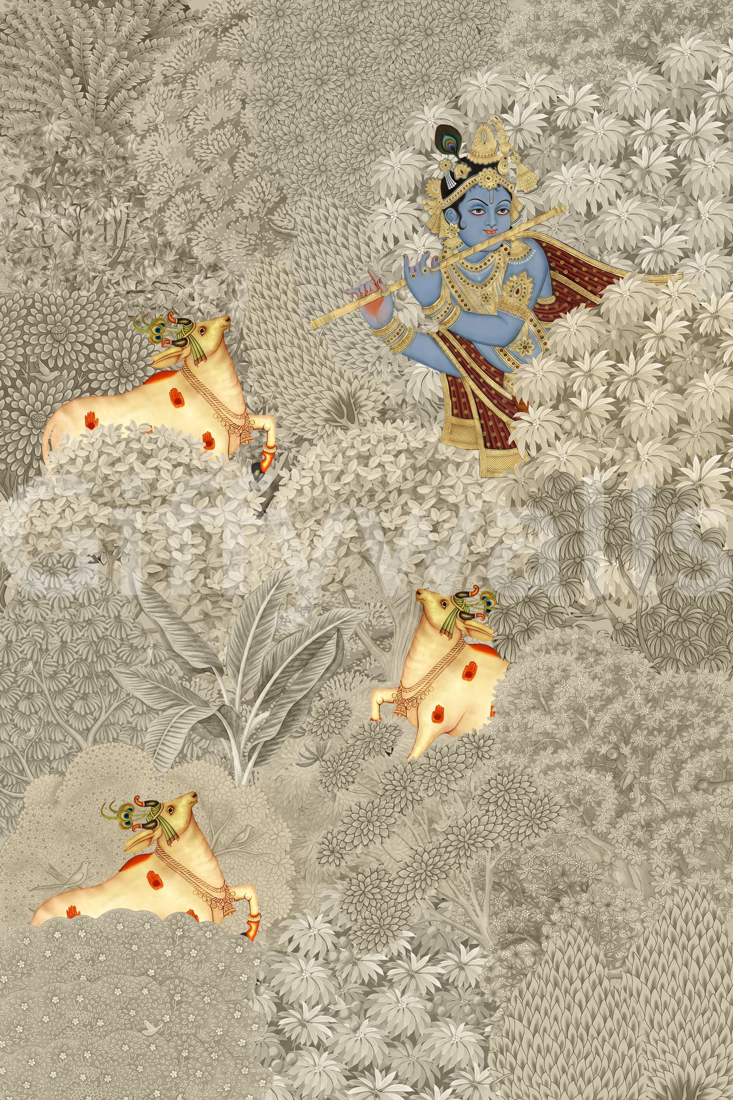 Krishna and Cows Forest Scene Wall Mural