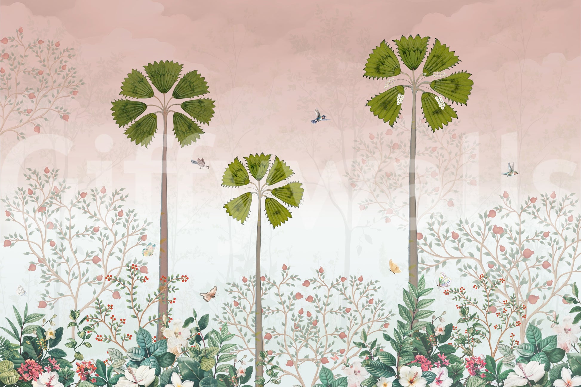 Misty Tropical Palms and Pomegranate Grove Wall Mural