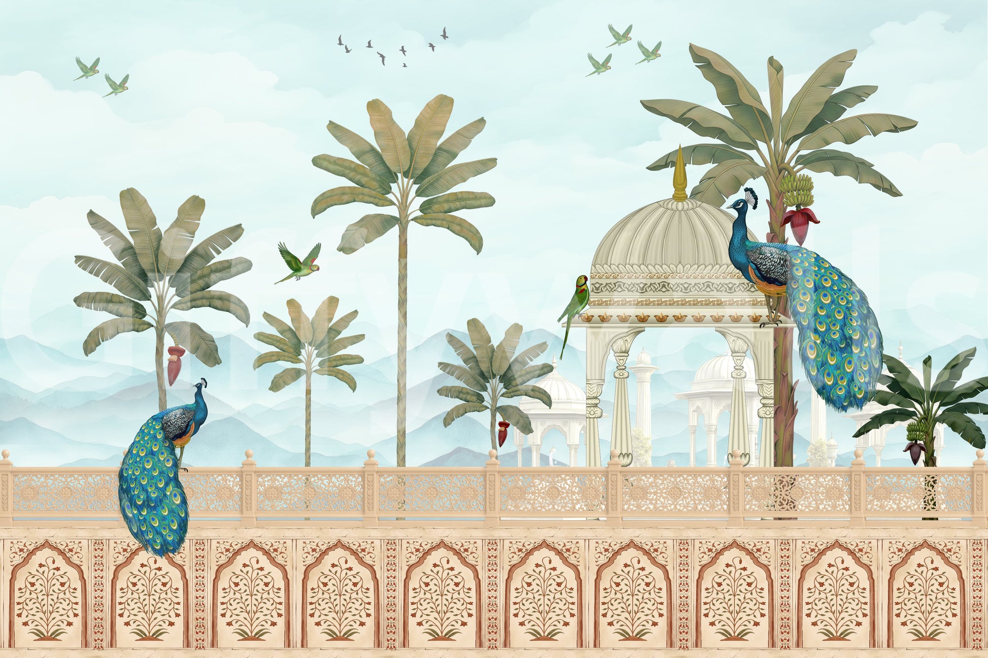 Exotic Mughal Pavilion and Peacocks Wall Mural