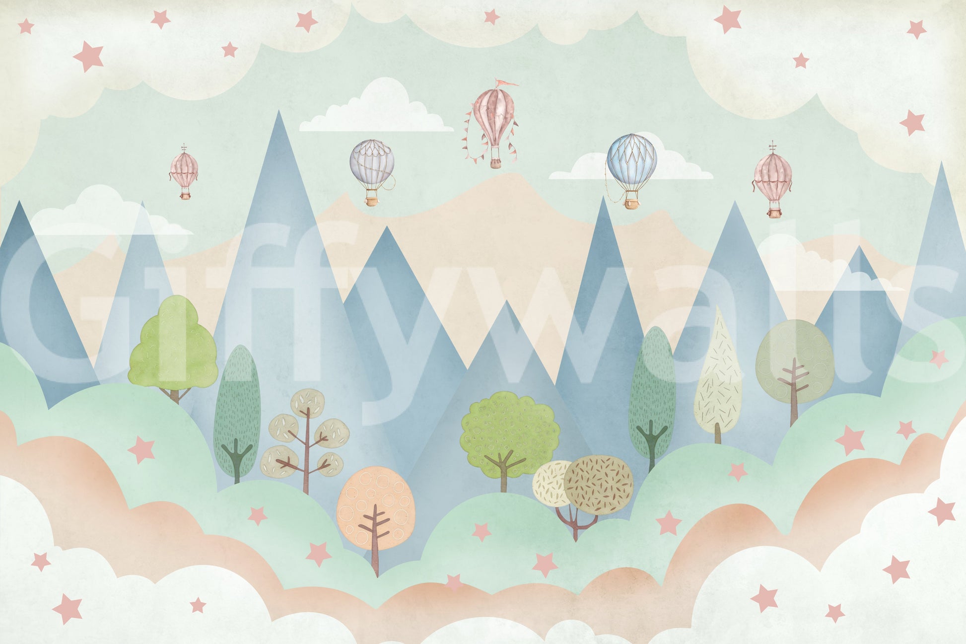 Dreamy Hot Air Balloon Mountain Adventure Wall Mural