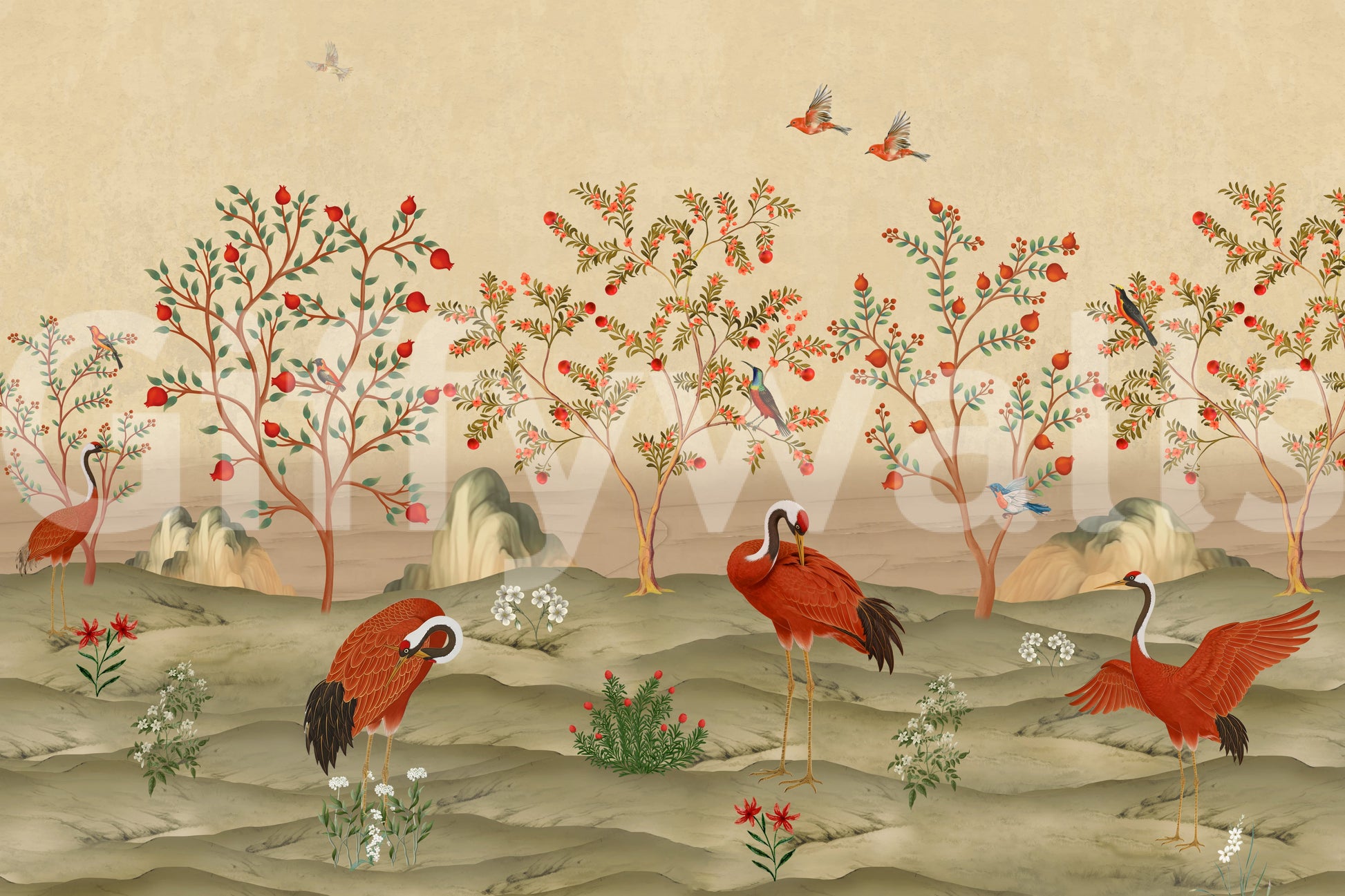 Crimson Cranes in Pomegranate Grove Wall Mural