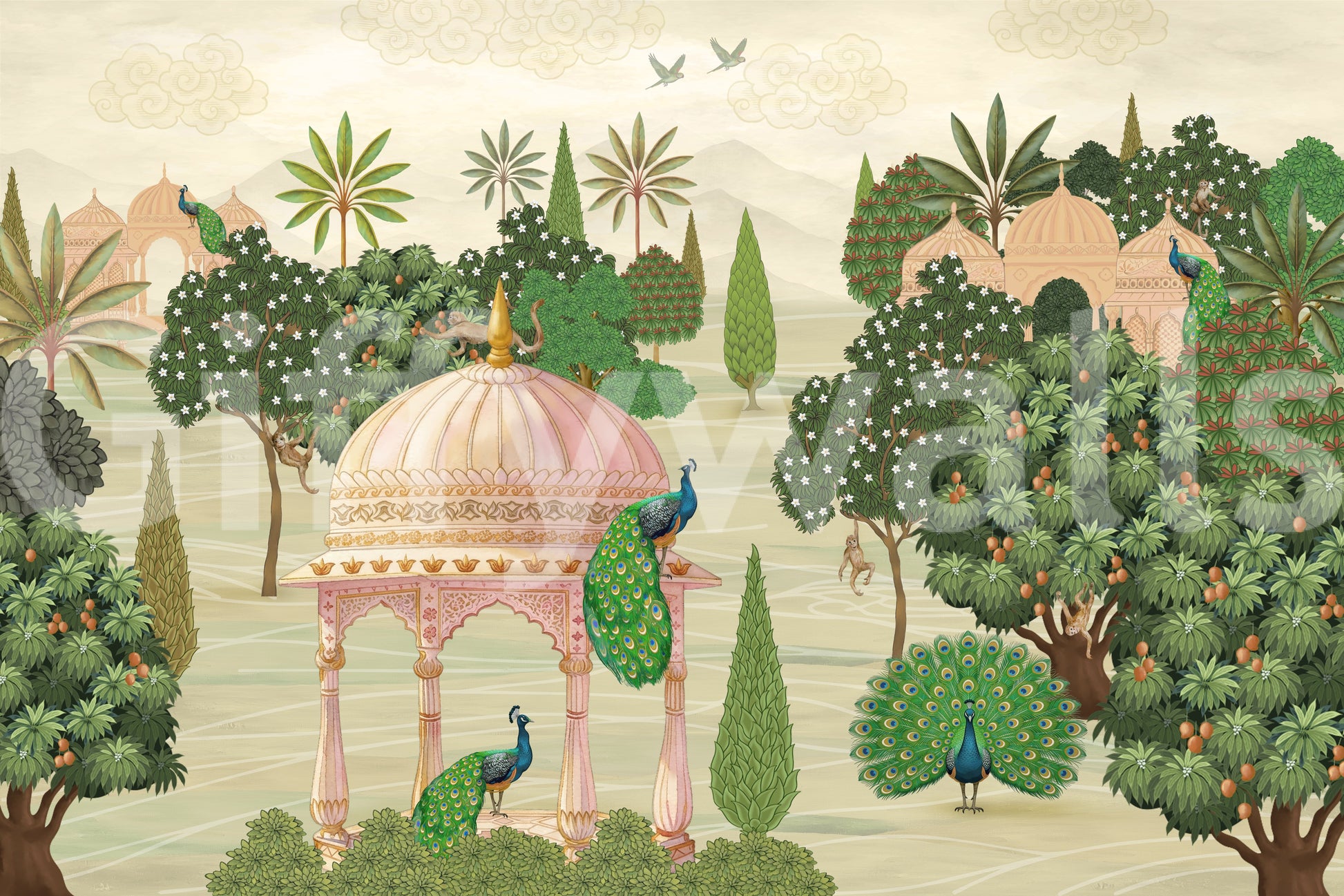 Royal Garden Peacocks and Temples Wall Mural