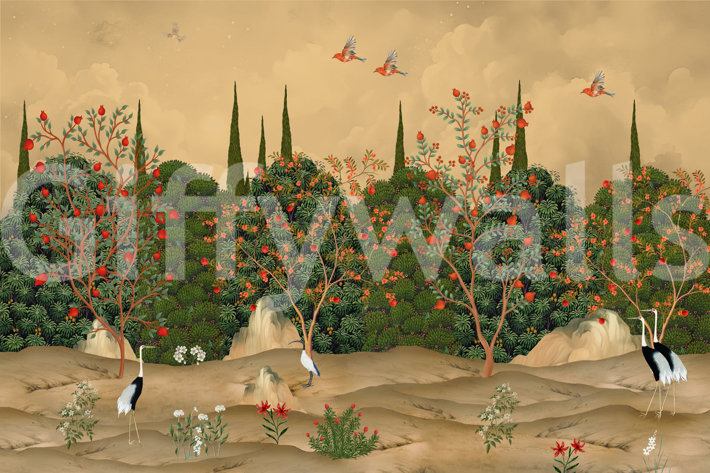 Botanical Pomegranate Orchard Illustration Wall Mural