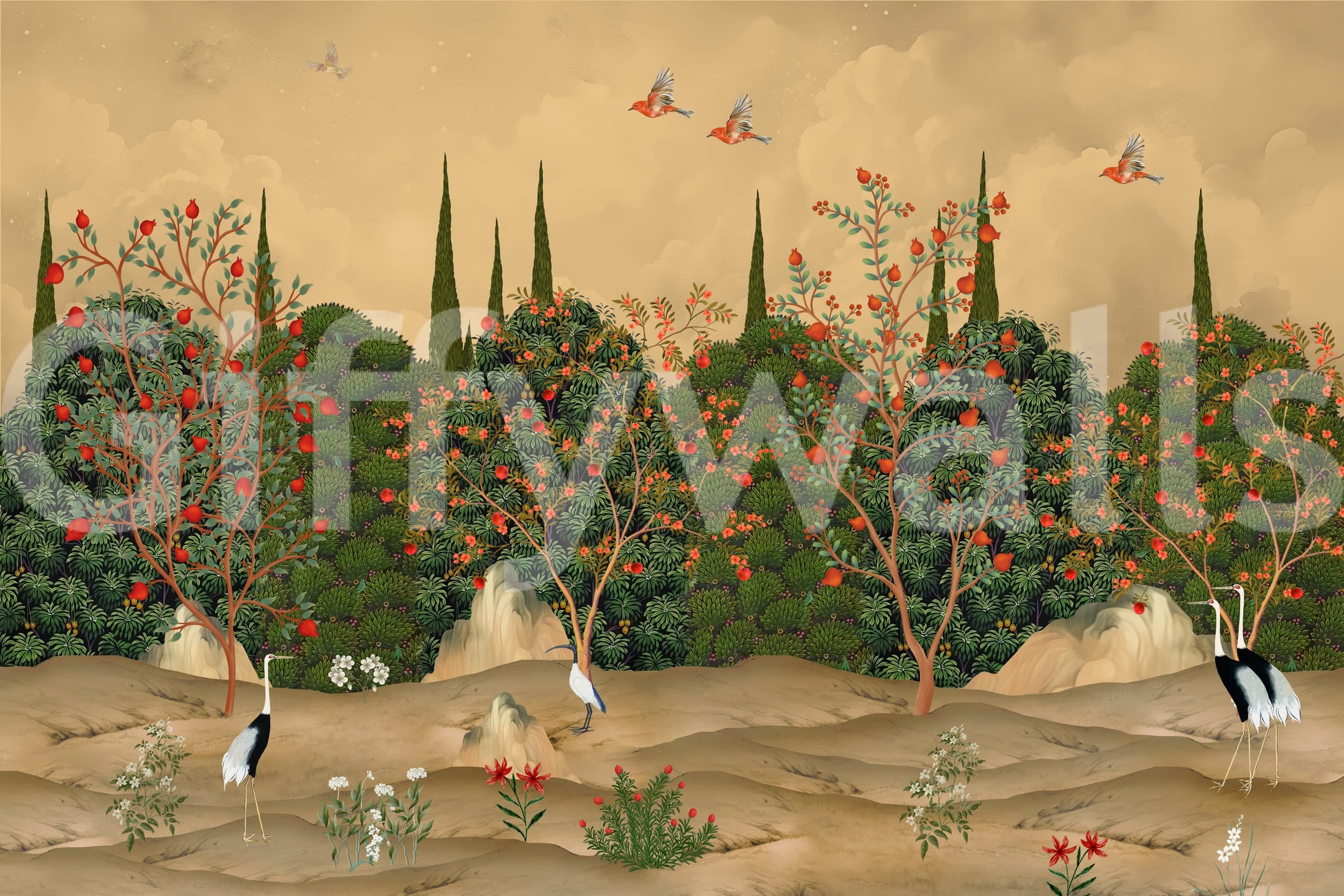 Botanical Pomegranate Orchard Illustration Wall Mural
