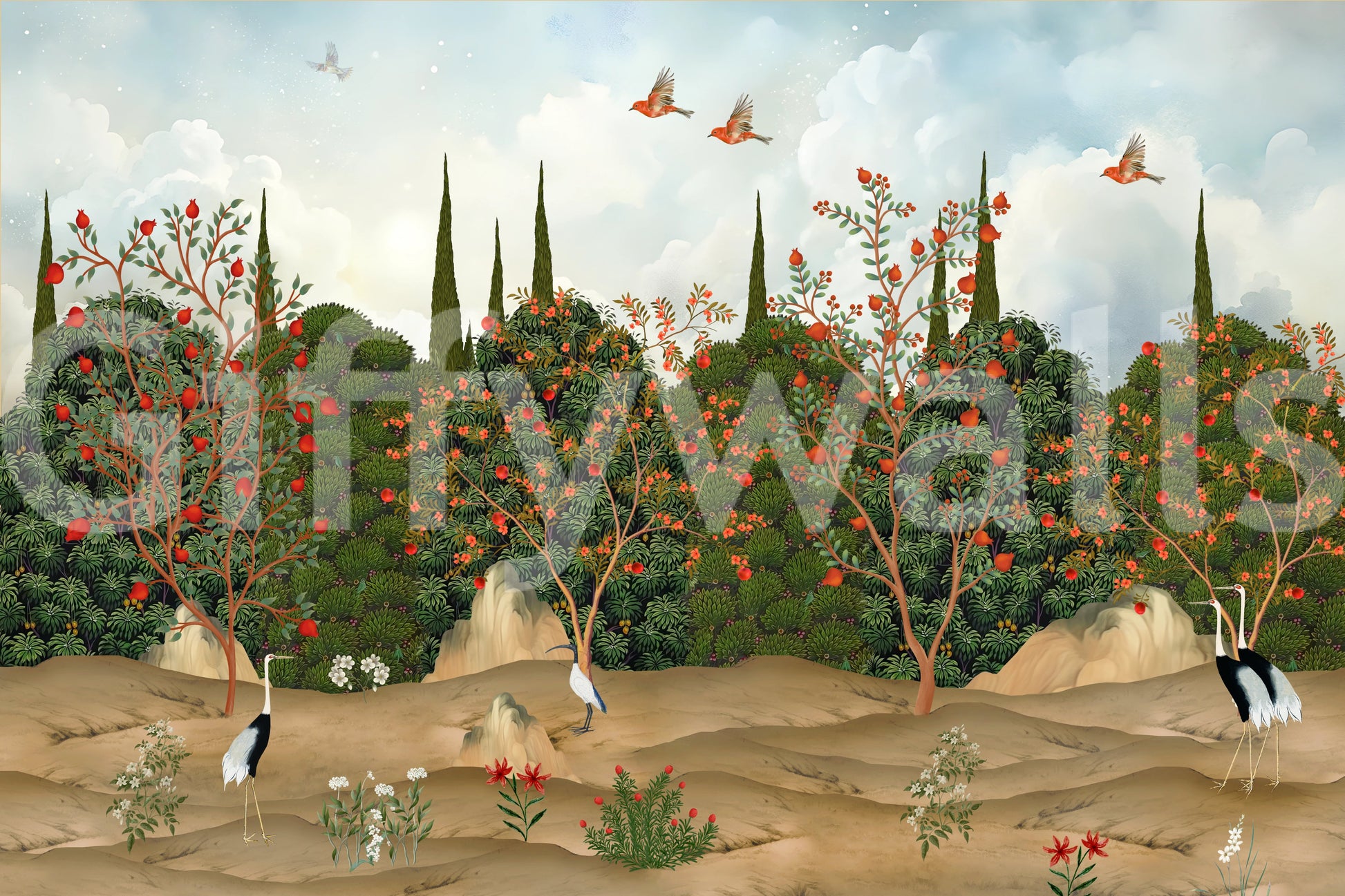 Orchard of Cranes and Pomegranates Wall Mural