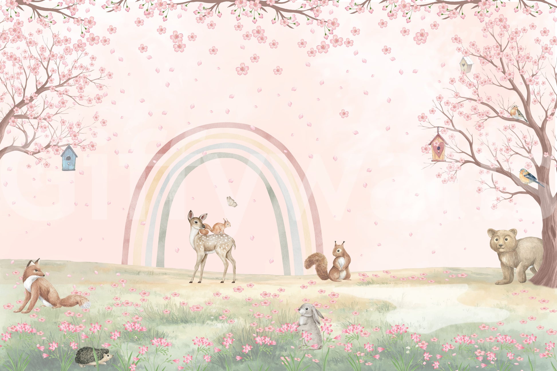 Whimsical Forest Friends with Soft Rainbow Wall Mural