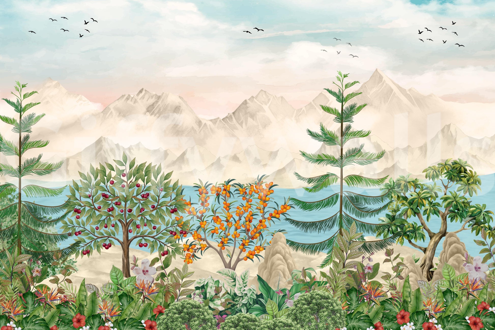 Serene Mountain Orchard Vista Wall Mural
