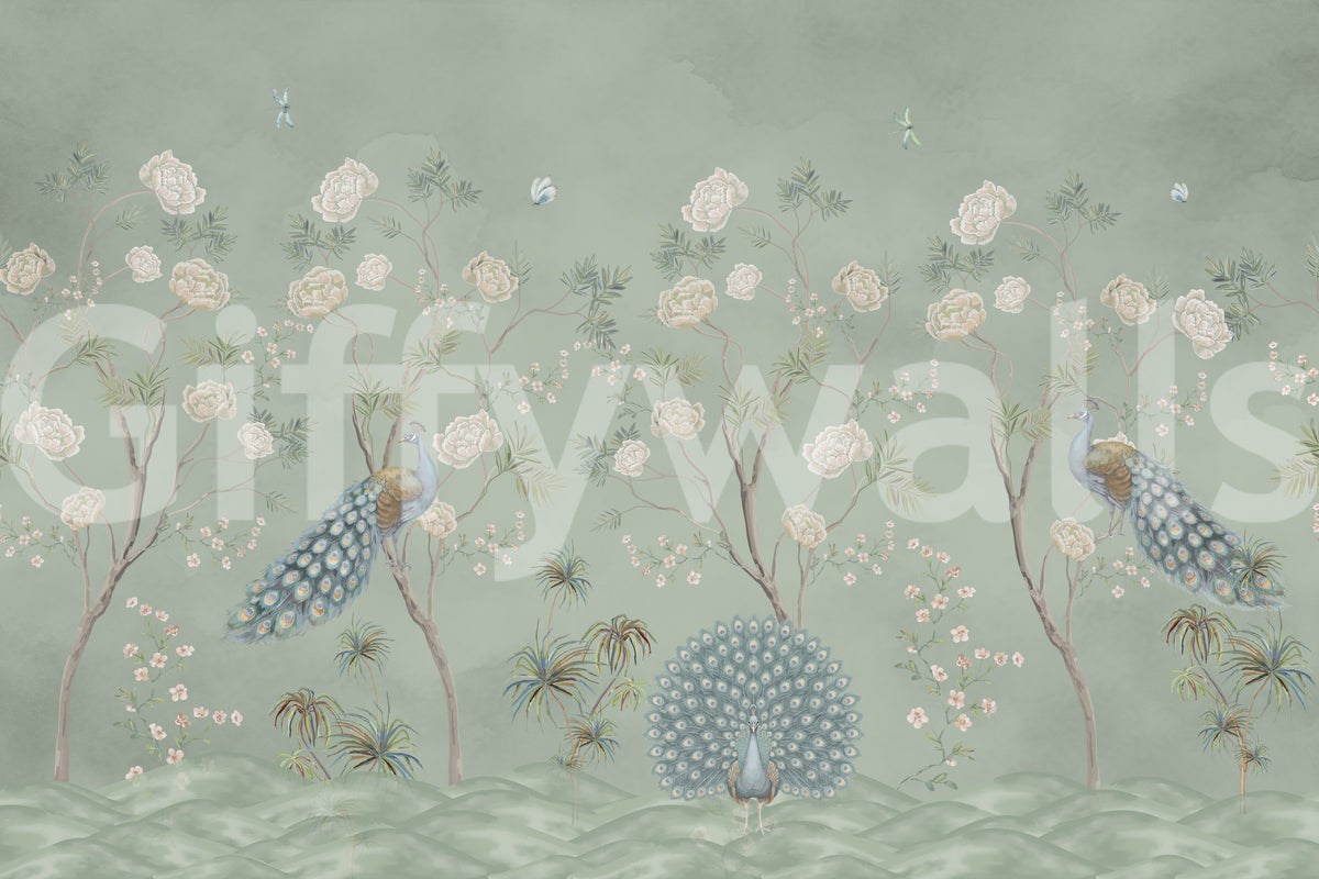 Sage garden peacock mural design with white flowers and peacocks in a chinoiserie style GD12210