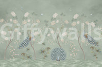 Sage garden peacock mural design with white flowers and peacocks in a chinoiserie style GD12210