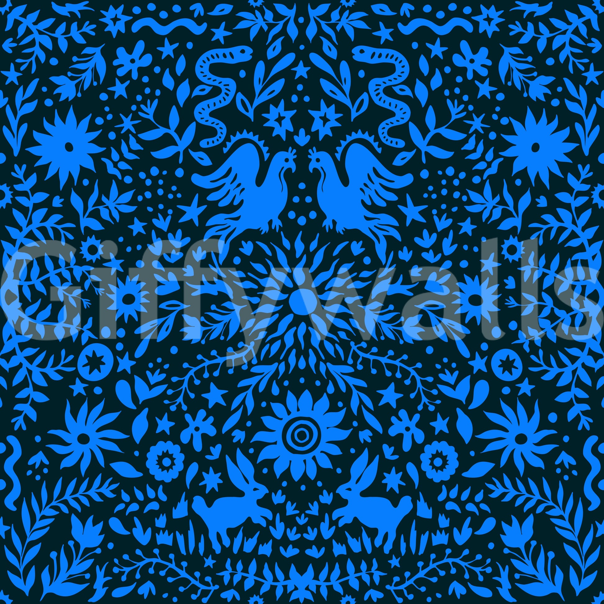 Cobalt Folklore Folk Art Pattern Wallpaper⁠