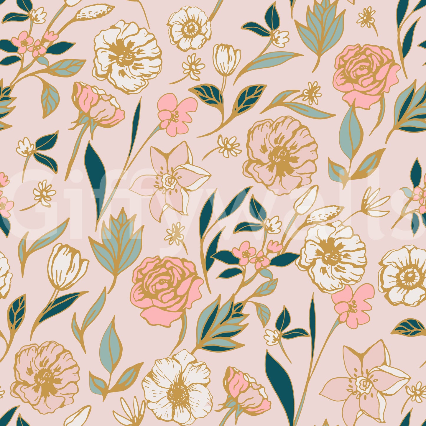 Soft Blush Botanical Garden Illustration Wallpaper⁠