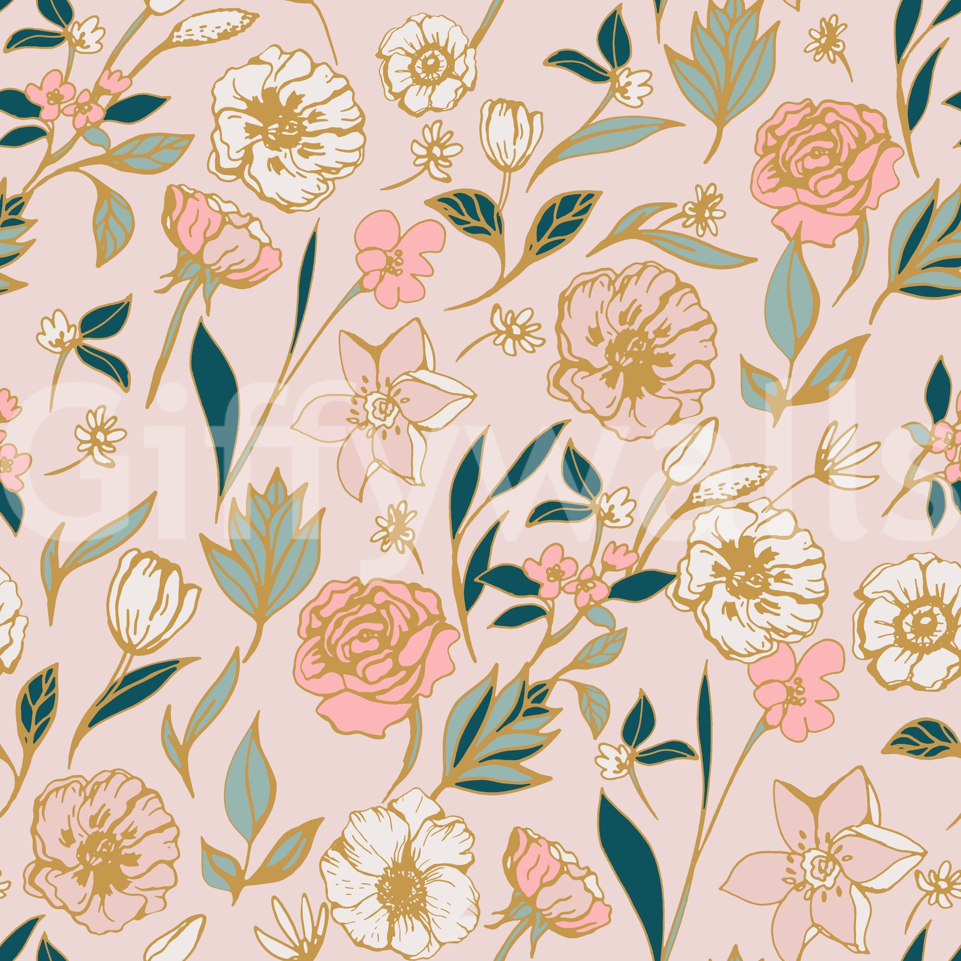 Soft Blush Botanical Garden Illustration Wallpaper⁠