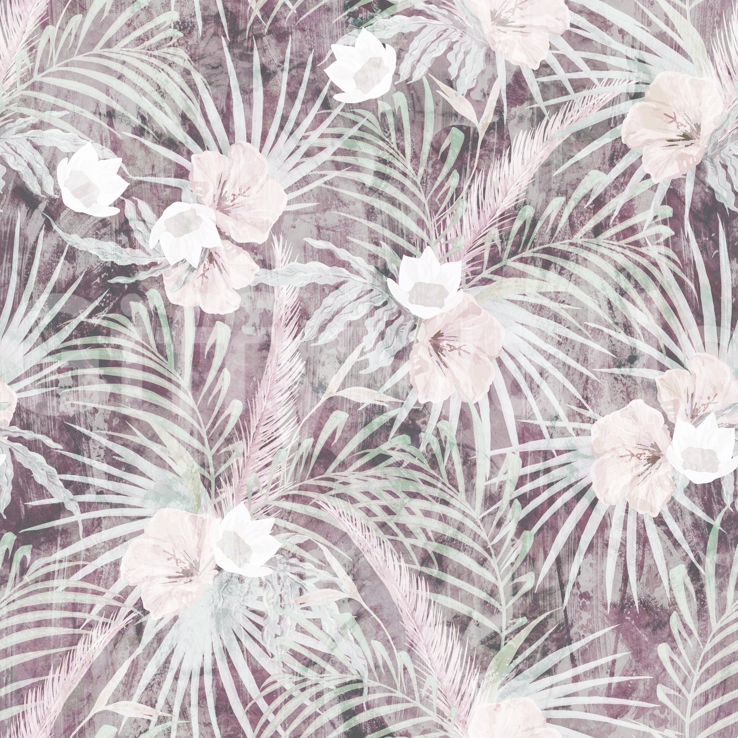Muted Tropical Palm and Floral Drift Wallpaper⁠