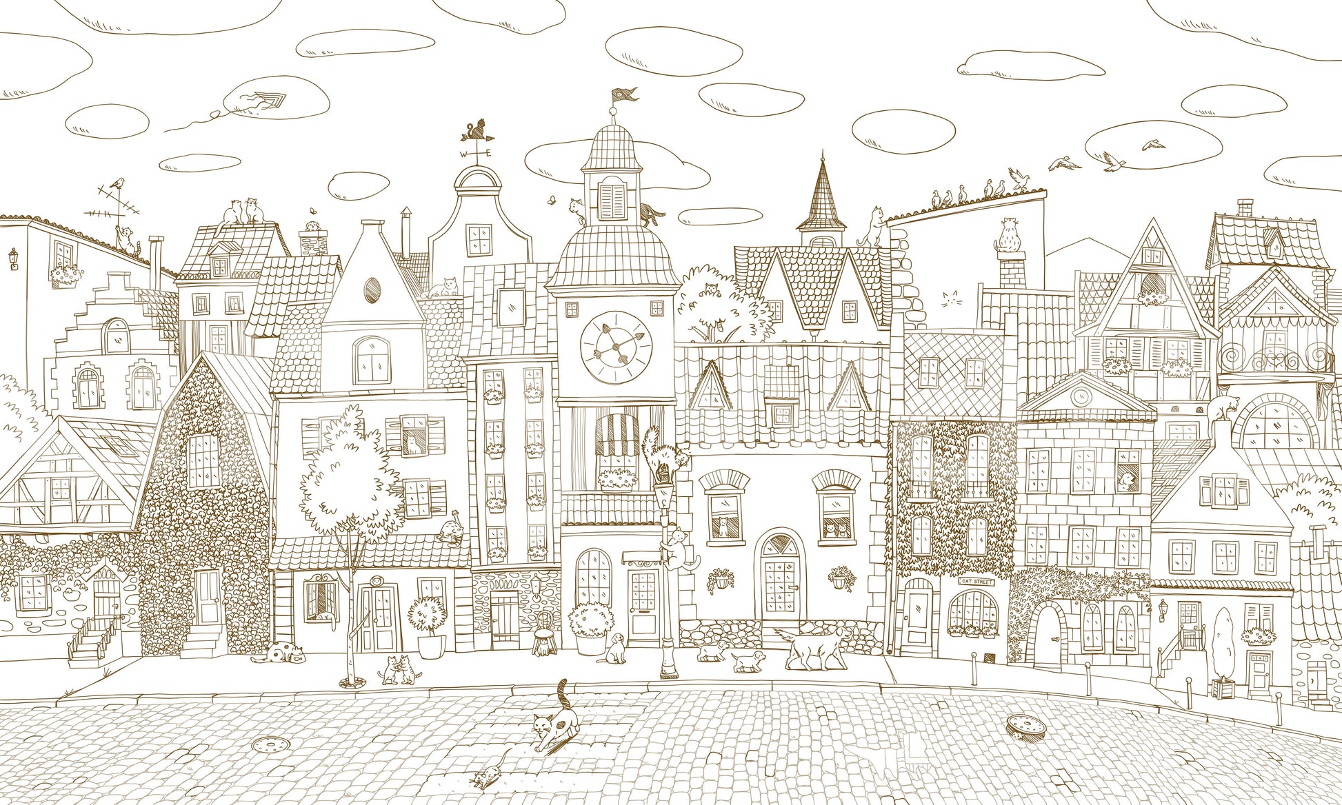 Whimsical Feline Village Scene Wall Mural