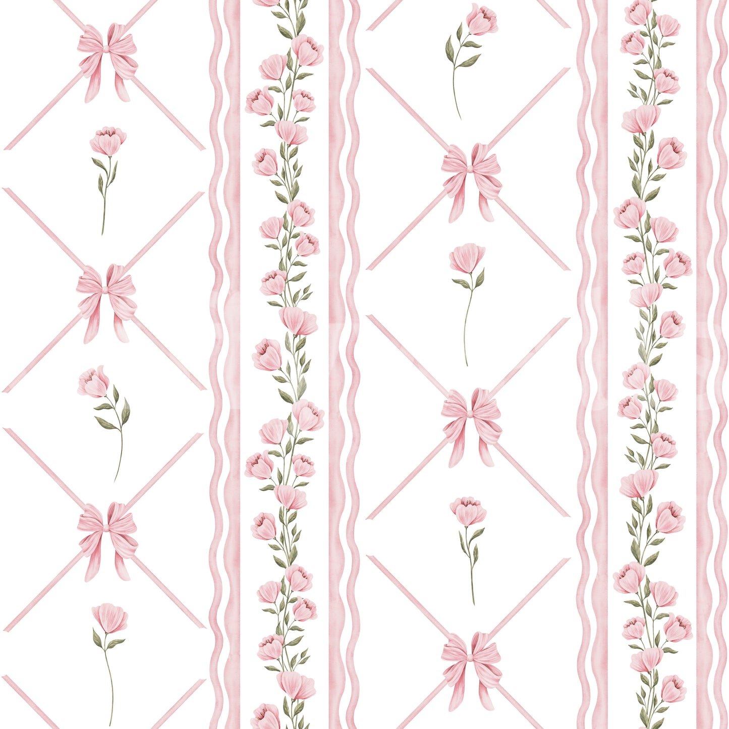 Soft Pink Ribbon and Floral Trellis Wallpaper⁠