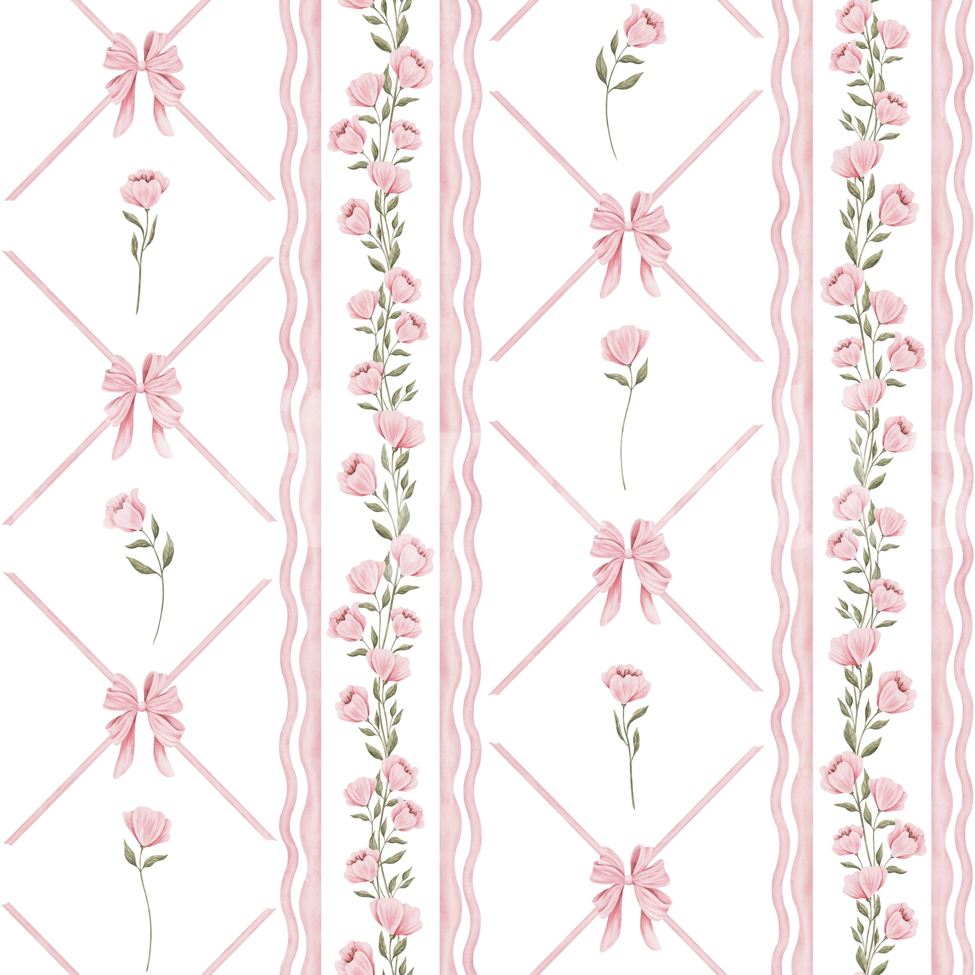 Soft Pink Ribbon and Floral Trellis Wallpaper⁠