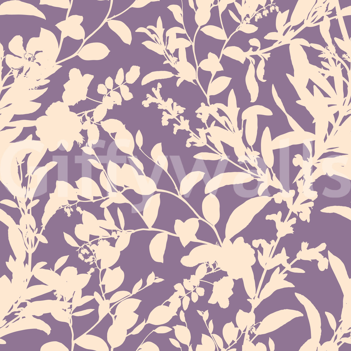 Close up swatch of cream botanical silhouette wallpaper on purple GD12484