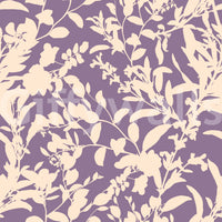 Close up swatch of cream botanical silhouette wallpaper on purple GD12484
