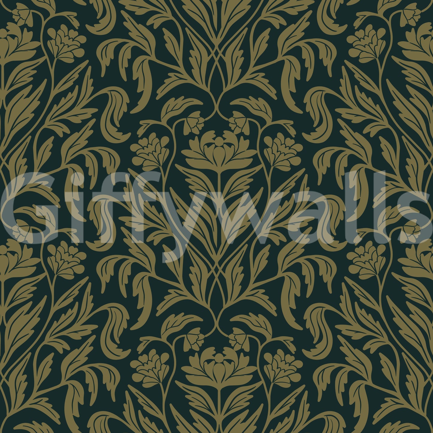 Art Nouveau Old Green Botanical Damask Wallpaper⁠