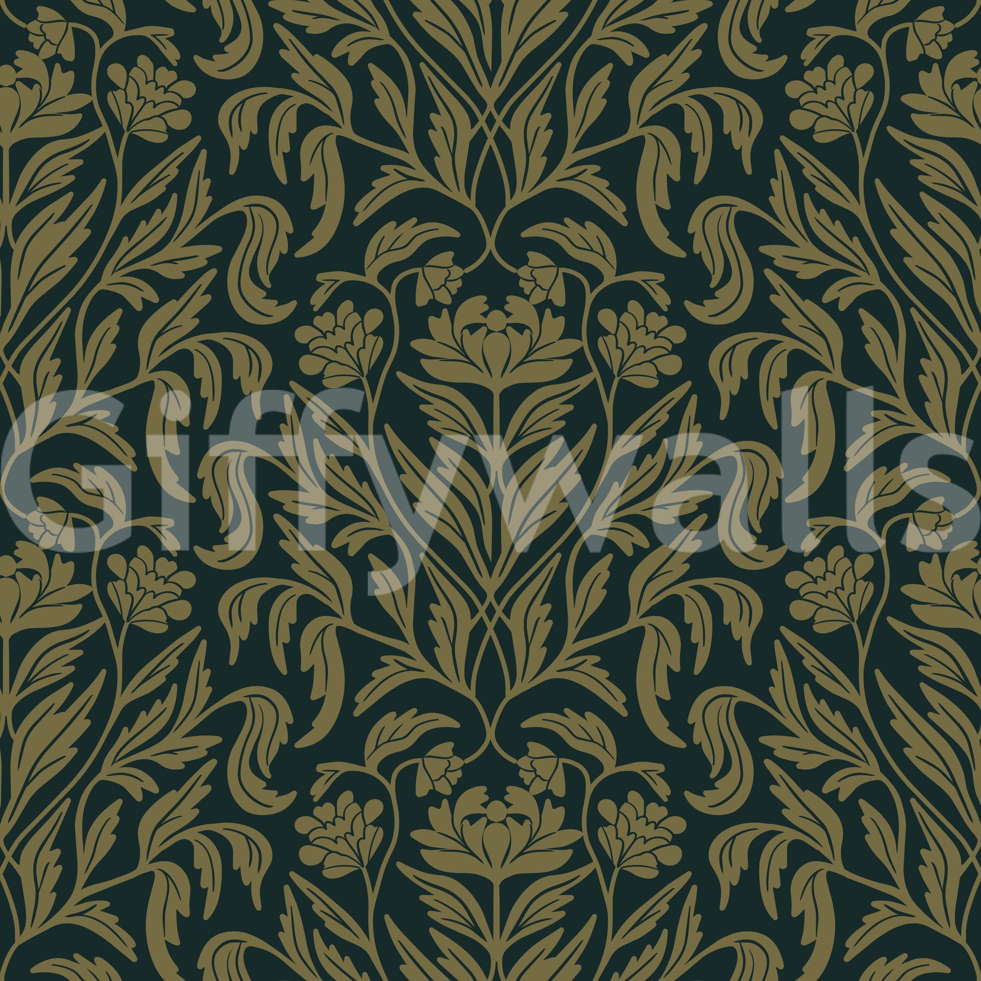 Art Nouveau Old Green Botanical Damask Wallpaper⁠