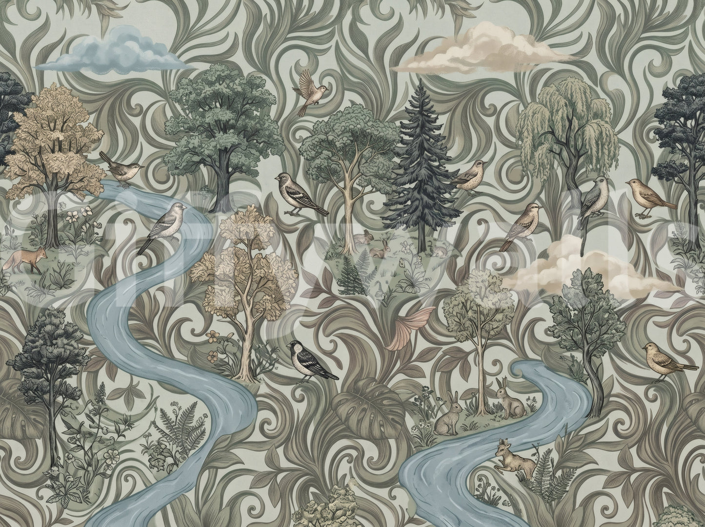 Misty Forest River Escape Wall Mural