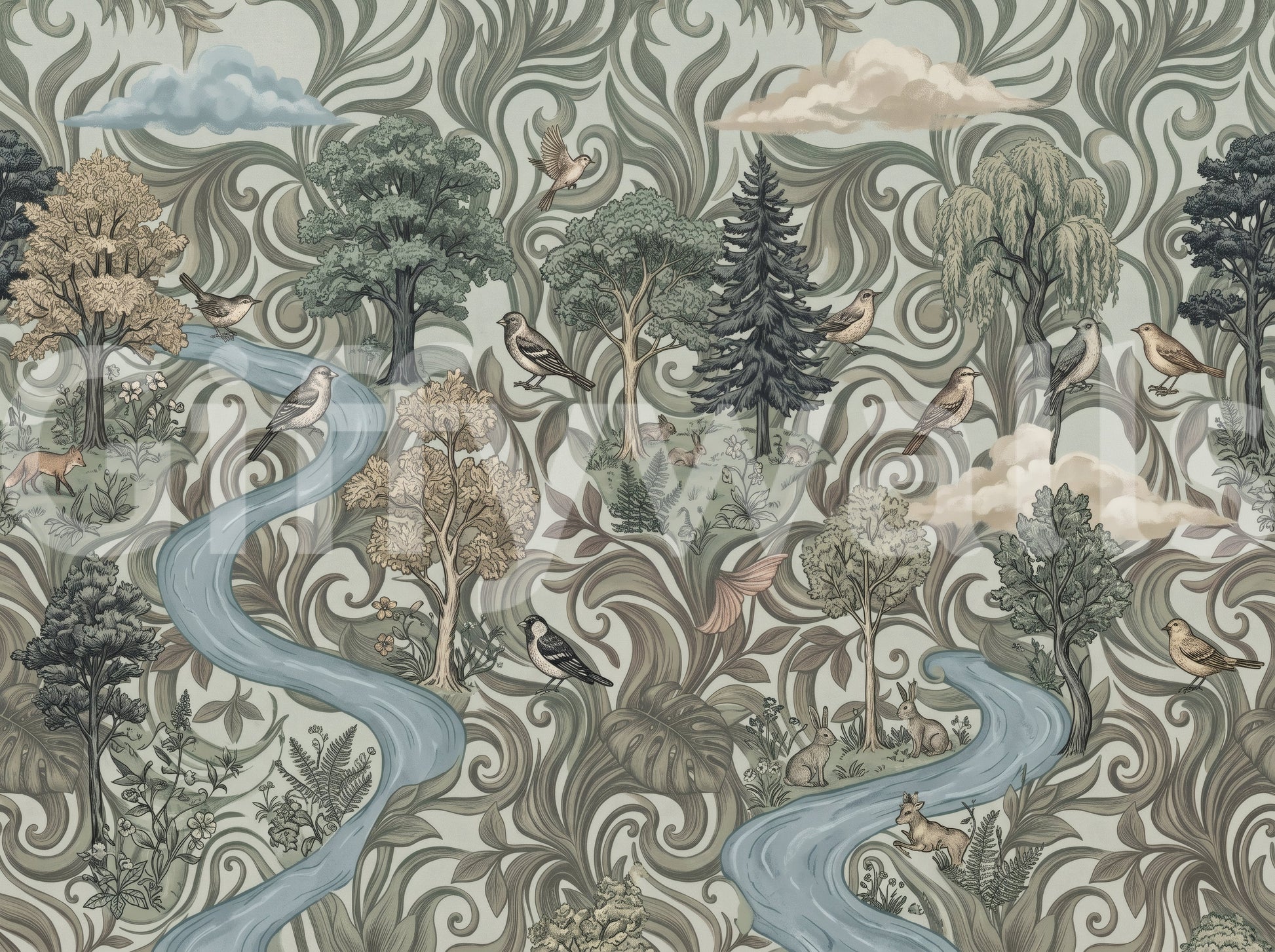 Misty Forest River Escape Wall Mural