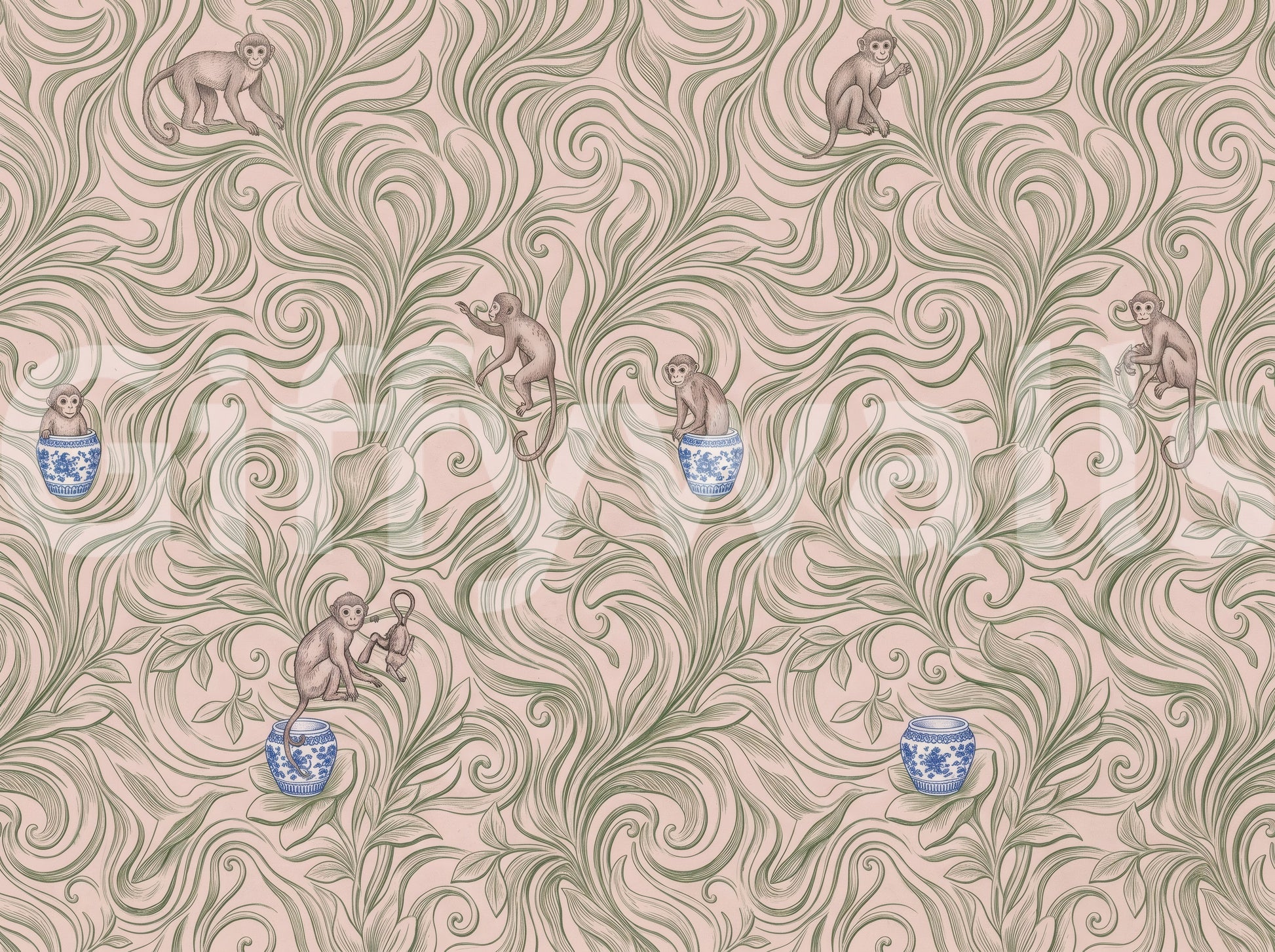 Playful Monkeys in Porcelain Vases Wall Mural