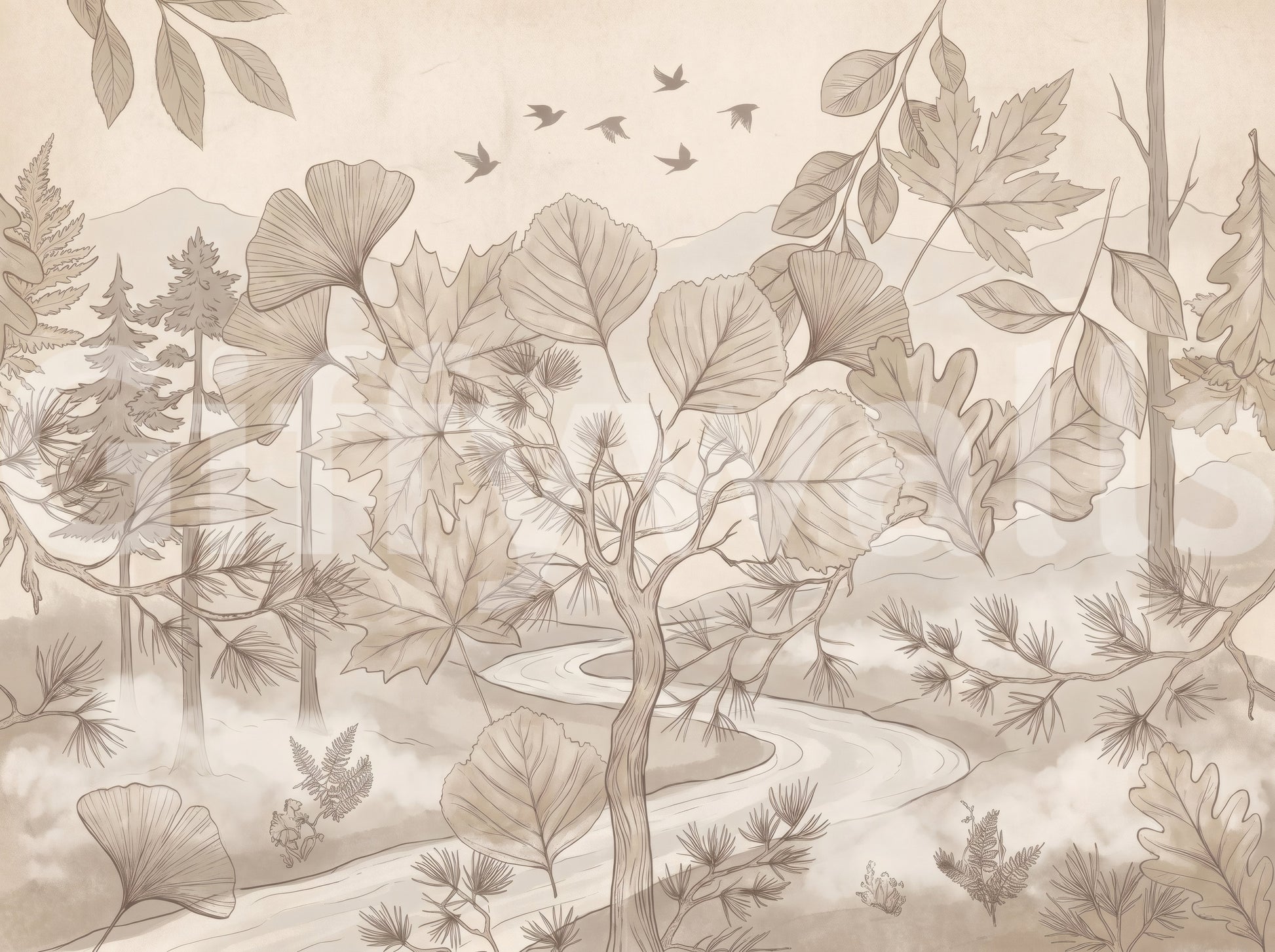 Sepia Forest Trail Artwork Wall Mural