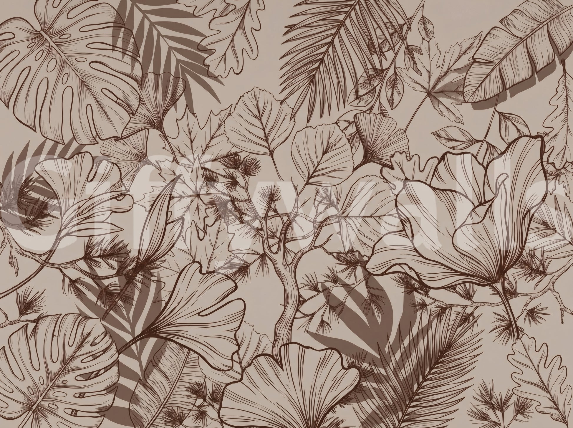 Monochromatic Botanical Line Art Wall Mural