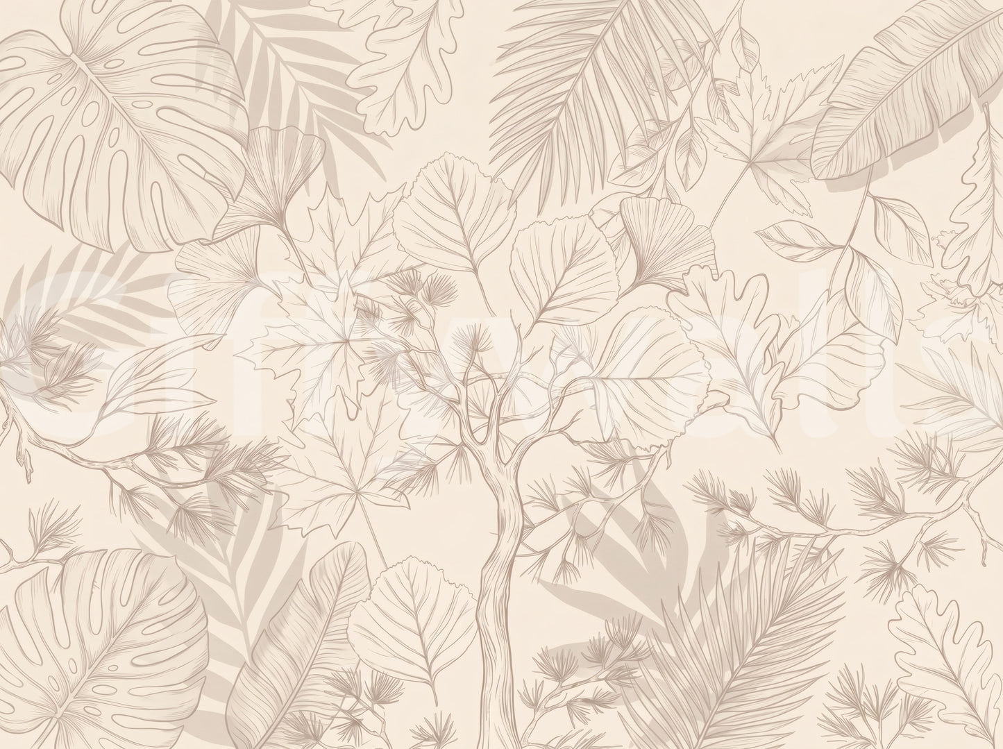 Cream Botanical Leaf Sketch Wall Mural
